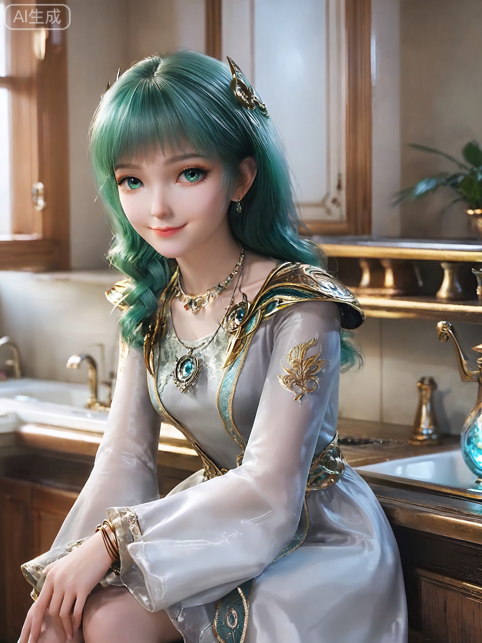 score_9,score_8_up,score_7_up,masterpiece,(best quality),(intricate details:0.9) BREAK (intricate details:0.9),(realistic skin:1.2),masterpiece,best quality,newest,absurdres,hiahres,1girl,solo,jewelry,hair ornament,dress,necklace,lips,eyeshadow,bracelet,tassel,(8k ultra-clear, pony style),photo pose 0.6, micro-expression: soft smile 0.3, half-body + medium shot 0.7,1girl,solo.looking_at_viewer,realistic,photorealistic,Vivid Colors,bright environment,shiny skin,shiny hairjewelry,detail eyes,Eyes highlights,glowing,sunshine,bright,reflection,bright,sunshine on face,shiny,shinny,petite,thin,leg slimming,lose weight,slim hips,lakeside,delicate water,reflection,(full body:0.8)sitting_down,eyelashes,kitchen,green hair,