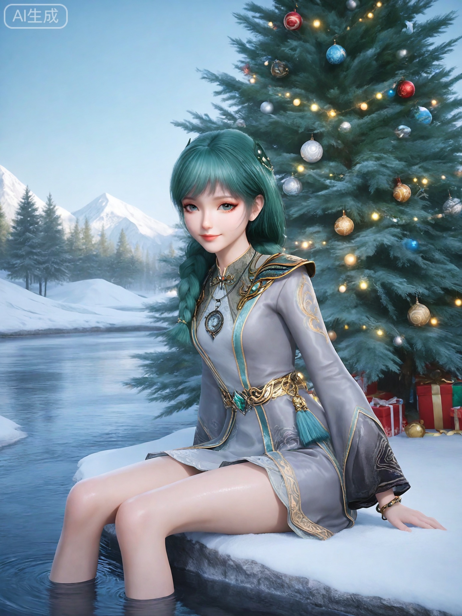 score_9,score_8_up,score_7_up,masterpiece,(best quality),(intricate details:0.9) BREAK (intricate details:0.9),(realistic skin:1.2),masterpiece,best quality,newest,absurdres,hiahres,1girl,solo,jewelry,hair ornament,dress,necklace,lips,eyeshadow,bracelet,tassel,(8k ultra-clear, pony style),photo pose 0.6, micro-expression: soft smile 0.3, half-body + medium shot 0.7,1girl,solo.looking_at_viewer,realistic,photorealistic,Vivid Colors,bright environment,shiny skin,shiny hairjewelry,detail eyes,Eyes highlights,glowing,sunshine,bright,reflection,bright,sunshine on face,shiny,shinny,petite,thin,leg slimming,lose weight,slim hips,lakeside,delicate water,reflection,(full body:0.8)sitting_down,eyelashes,green hair,snow,Winter,Snowy landscape,Snow accumulation,Christmas tree,