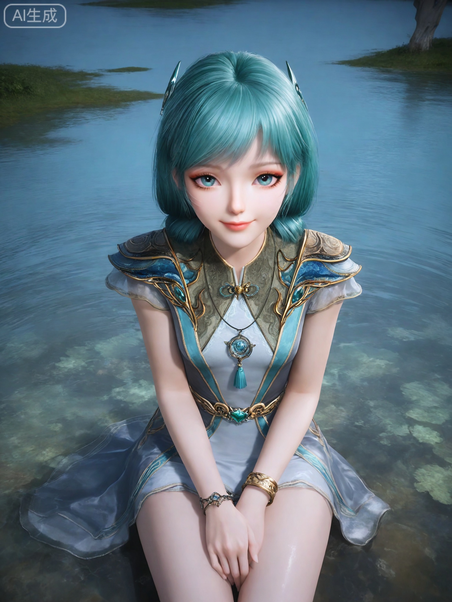 score_9,score_8_up,score_7_up,masterpiece,(best quality),(intricate details:0.9) BREAK (intricate details:0.9),(realistic skin:1.2),masterpiece,best quality,newest,absurdres,hiahres,1girl,solo,jewelry,hair ornament,long hair,dress,necklace,lips,eyeshadow,bracelet,tassel,(8k ultra-clear, pony style),photo pose 0.6, micro-expression: soft smile 0.3, half-body + medium shot 0.7,1girl,solo.looking_at_viewer,realistic,photorealistic,Vivid Colors,bright environment,shiny skin,shiny hairjewelry,detail eyes,Eyes highlights,glowing,sunshine,bright,reflection,bright,sunshine on face,shiny,shinny,petite,thin,leg slimming,lose weight,slim hips,lakeside,delicate water,reflection,(full body:0.8)sitting_down,eyelashes,