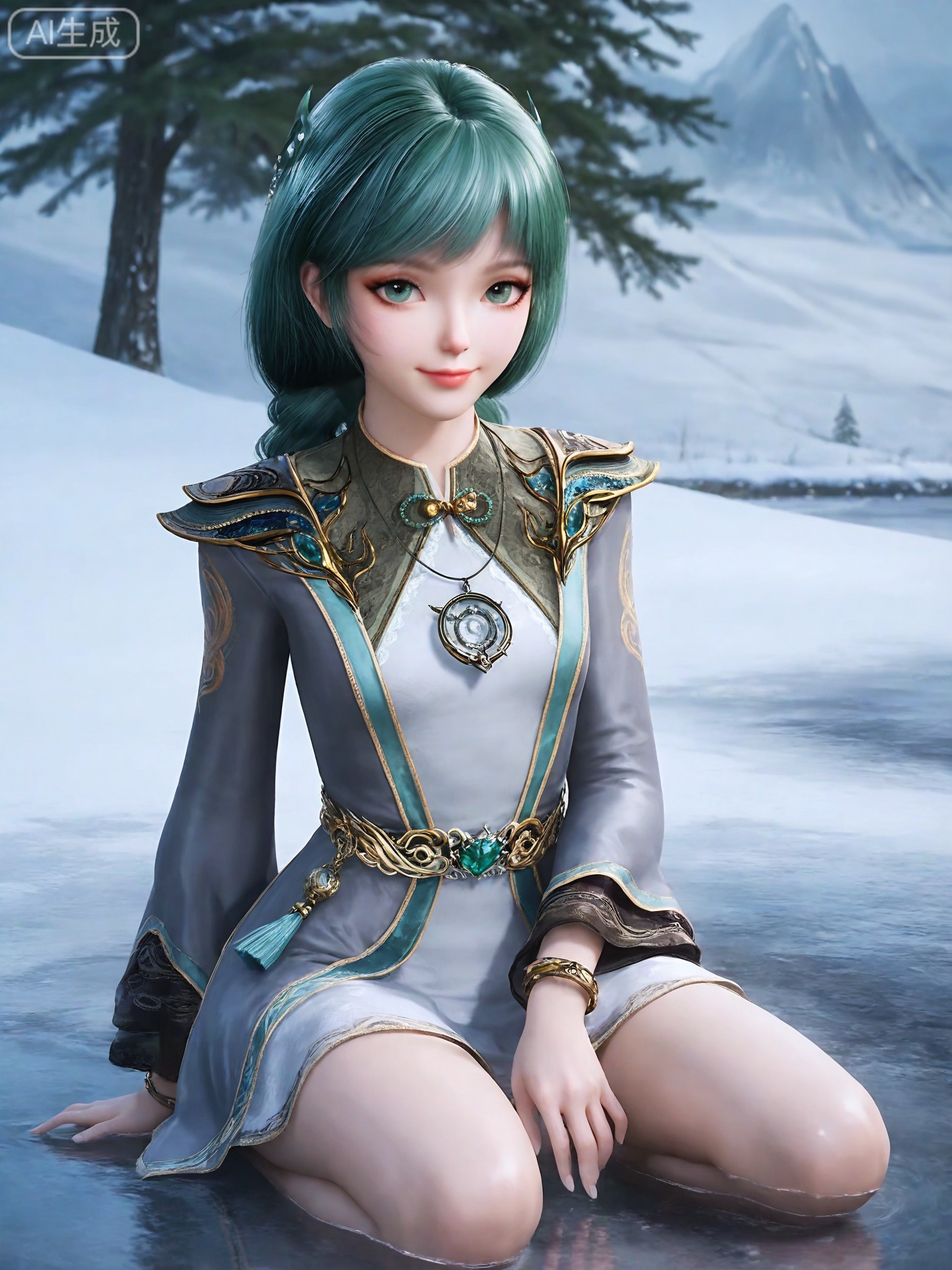 score_9,score_8_up,score_7_up,masterpiece,(best quality),(intricate details:0.9) BREAK (intricate details:0.9),(realistic skin:1.2),masterpiece,best quality,newest,absurdres,hiahres,1girl,solo,jewelry,hair ornament,dress,necklace,lips,eyeshadow,bracelet,tassel,(8k ultra-clear, pony style),photo pose 0.6, micro-expression: soft smile 0.3, half-body + medium shot 0.7,1girl,solo.looking_at_viewer,realistic,photorealistic,Vivid Colors,bright environment,shiny skin,shiny hairjewelry,detail eyes,Eyes highlights,glowing,sunshine,bright,reflection,bright,sunshine on face,shiny,shinny,petite,thin,leg slimming,lose weight,slim hips,lakeside,delicate water,reflection,(full body:0.8)sitting_down,eyelashes,green hair,snow,Winter,Snowy landscape,Snow accumulation,Christmas tree,