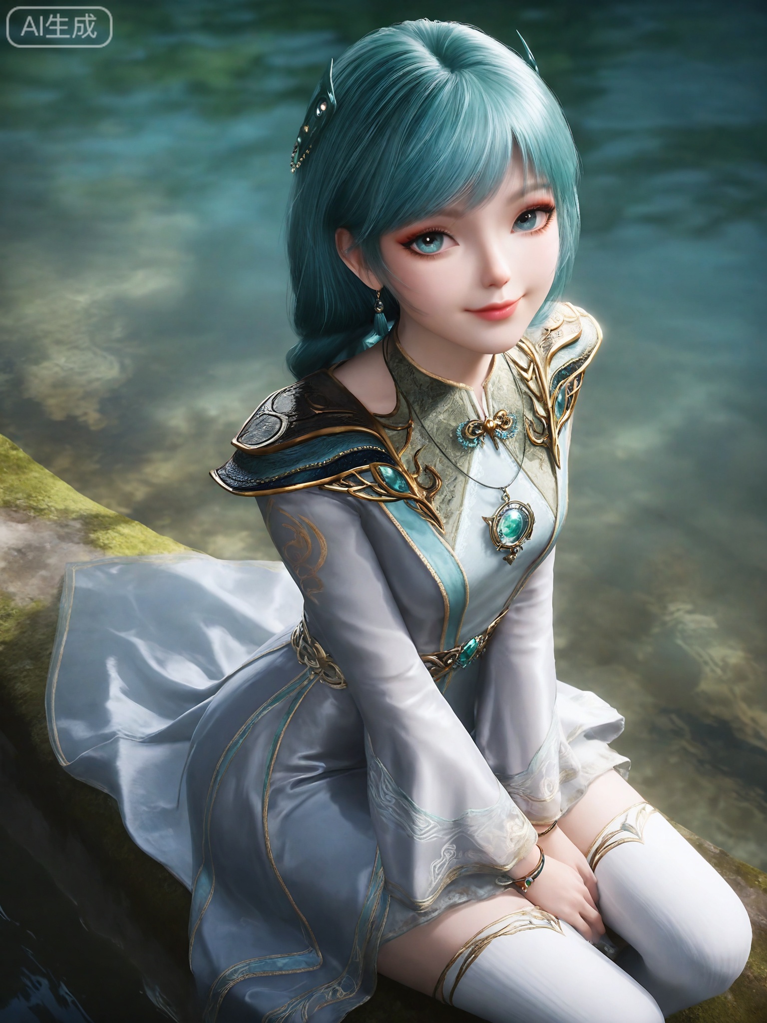 score_9,score_8_up,score_7_up,masterpiece,(best quality),(intricate details:0.9) BREAK (intricate details:0.9),(realistic skin:1.2),masterpiece,best quality,newest,absurdres,hiahres,1girl,solo,jewelry,hair ornament,hair,dress,necklace,lips,eyeshadow,bracelet,tassel,(8k ultra-clear, pony style),photo pose 0.6, micro-expression: soft smile 0.3, half-body + medium shot 0.7,1girl,solo.looking_at_viewer,realistic,photorealistic,Vivid Colors,bright environment,shiny skin,shiny hairjewelry,detail eyes,Eyes highlights,glowing,sunshine,bright,reflection,bright,sunshine on face,shiny,shinny,petite,thin,leg slimming,lose weight,slim hips,lakeside,delicate water,reflection,(full body:0.8)sitting_down,eyelashes,