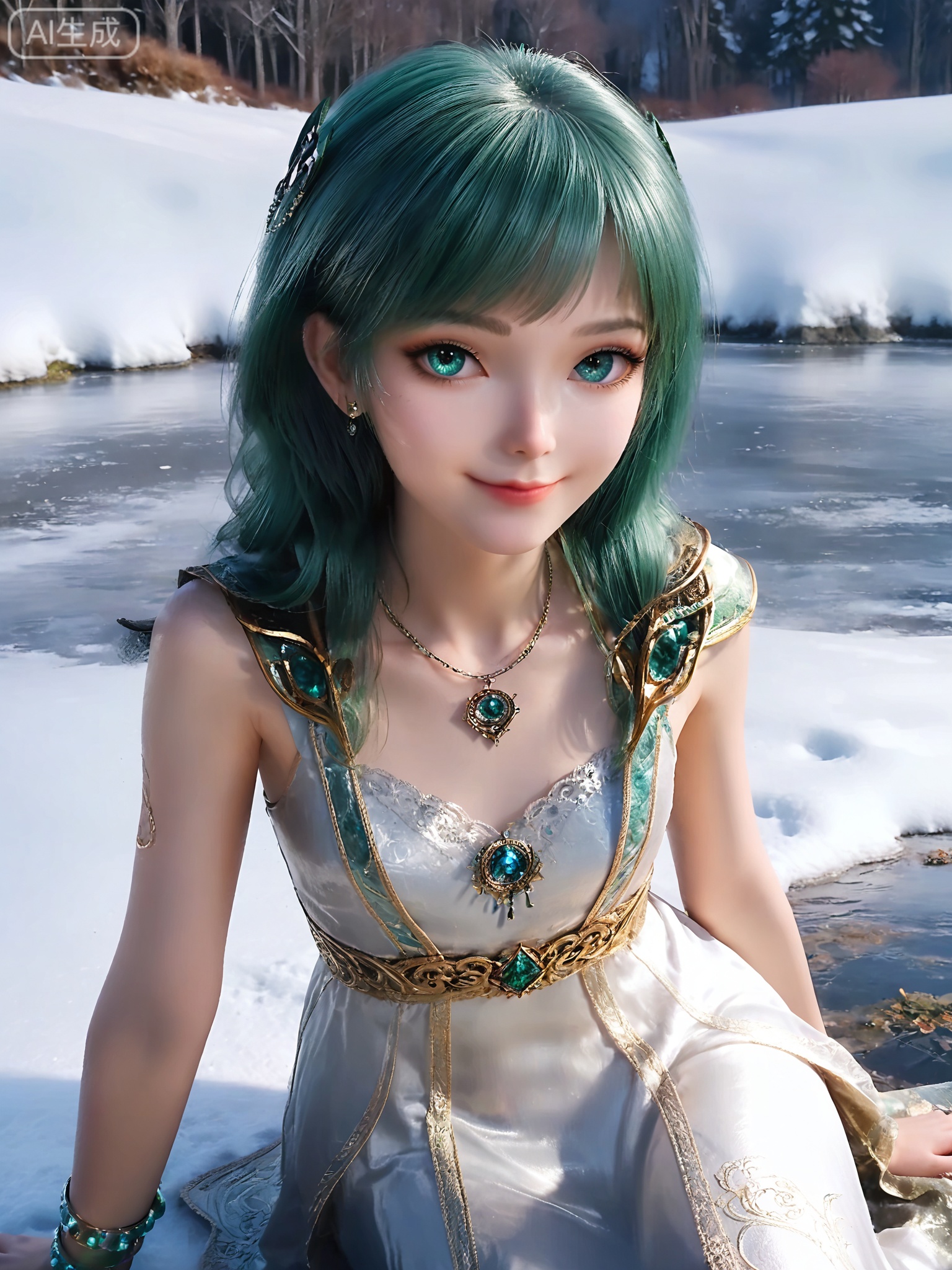 score_9,score_8_up,score_7_up,masterpiece,(best quality),(intricate details:0.9) BREAK (intricate details:0.9),(realistic skin:1.2),masterpiece,best quality,newest,absurdres,hiahres,1girl,solo,jewelry,hair ornament,dress,necklace,lips,eyeshadow,bracelet,tassel,(8k ultra-clear, pony style),photo pose 0.6, micro-expression: soft smile 0.3, half-body + medium shot 0.7,1girl,solo.looking_at_viewer,realistic,photorealistic,Vivid Colors,bright environment,shiny skin,shiny hairjewelry,detail eyes,Eyes highlights,glowing,sunshine,bright,reflection,bright,sunshine on face,shiny,shinny,petite,thin,leg slimming,lose weight,slim hips,lakeside,delicate water,reflection,(full body:0.8)sitting_down,eyelashes,green hair,snow,Winter,Snowy landscape,Snow accumulation,