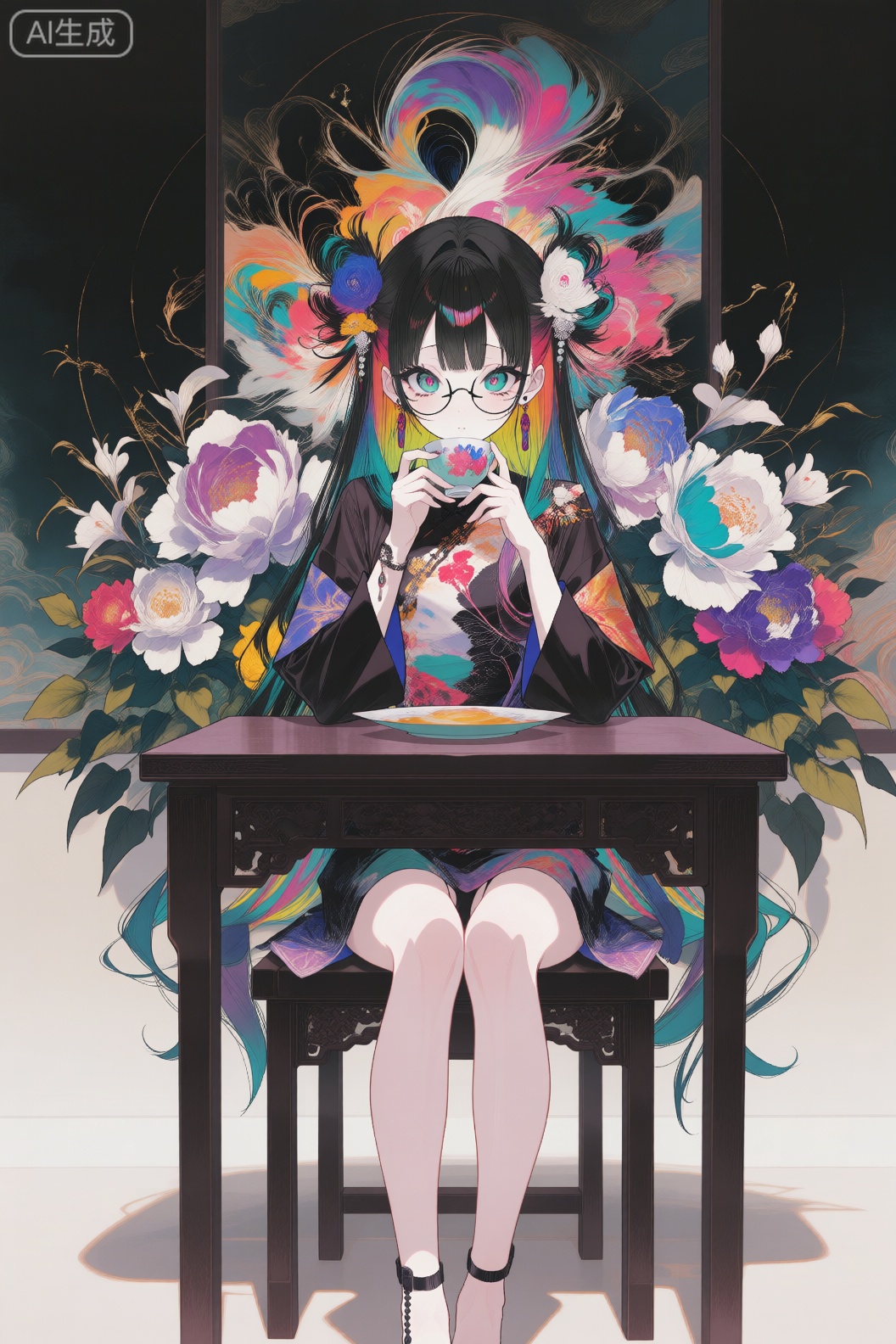 数字动漫风格,精致细节,最佳品质,masterpiece, best quality, 
art_shuimo style, Digital art scene illustration,lineart,Digital art,a girl sitting at the table,drinking tea,(full body:1.1),painting on the wall,(masterpiece, top quality, best quality, official art, beautiful and aesthetic:1.2),1girl,extreme detailed,flowers,colorful,highest detailed,real photography,1girl,solo,long hair,black hair,bangs,round eyewear,multicolored hair,jewelry,earrings,collarbone,extreme aesthetic,//masterpiece,best quality,good quality,newest,very aesthetic,absurdres,Visual impact,32K UHD,sharp focus