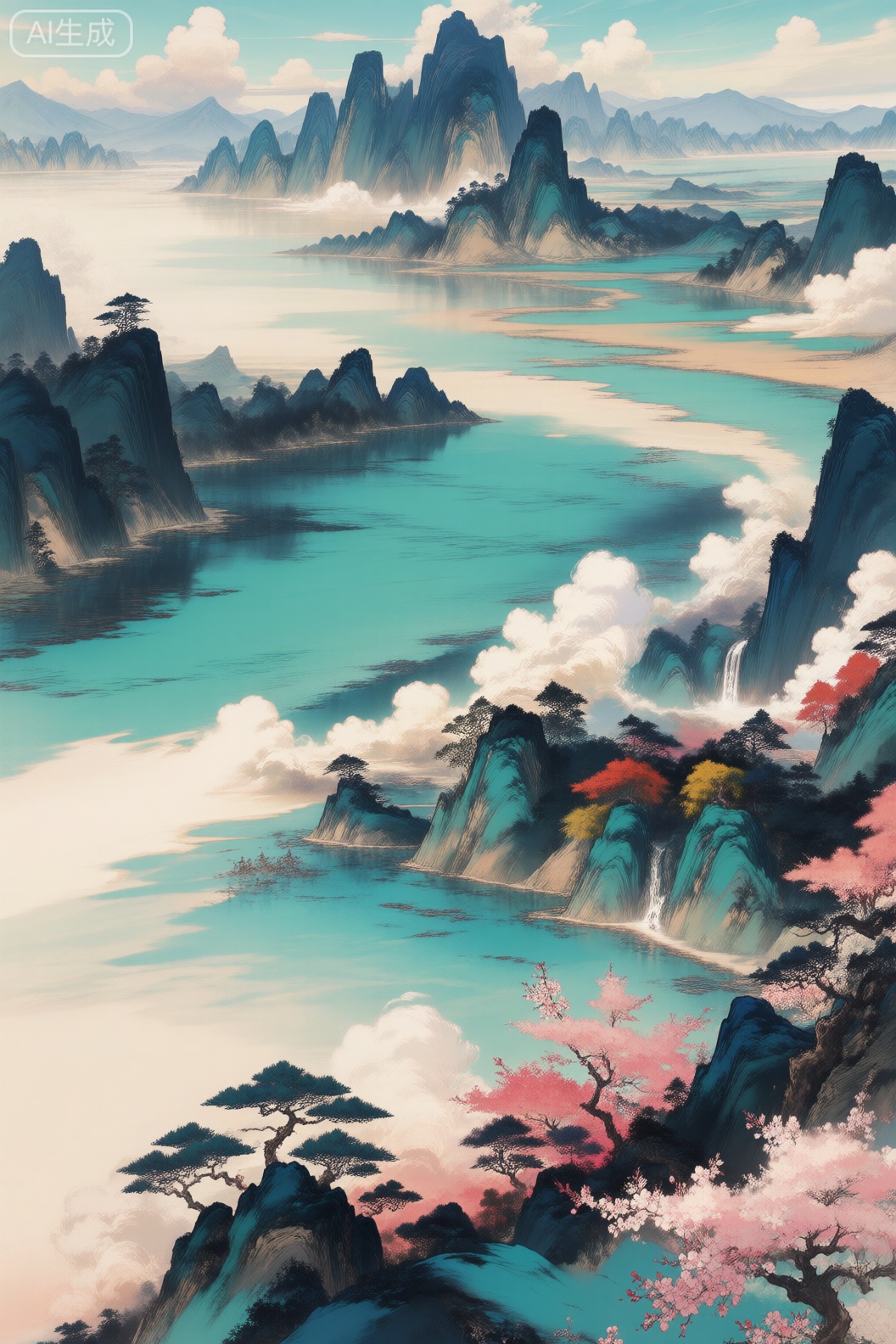 数字动漫风格,精致细节,最佳品质,masterpiece, best quality, art_shuimo style, 
万里江山,春景