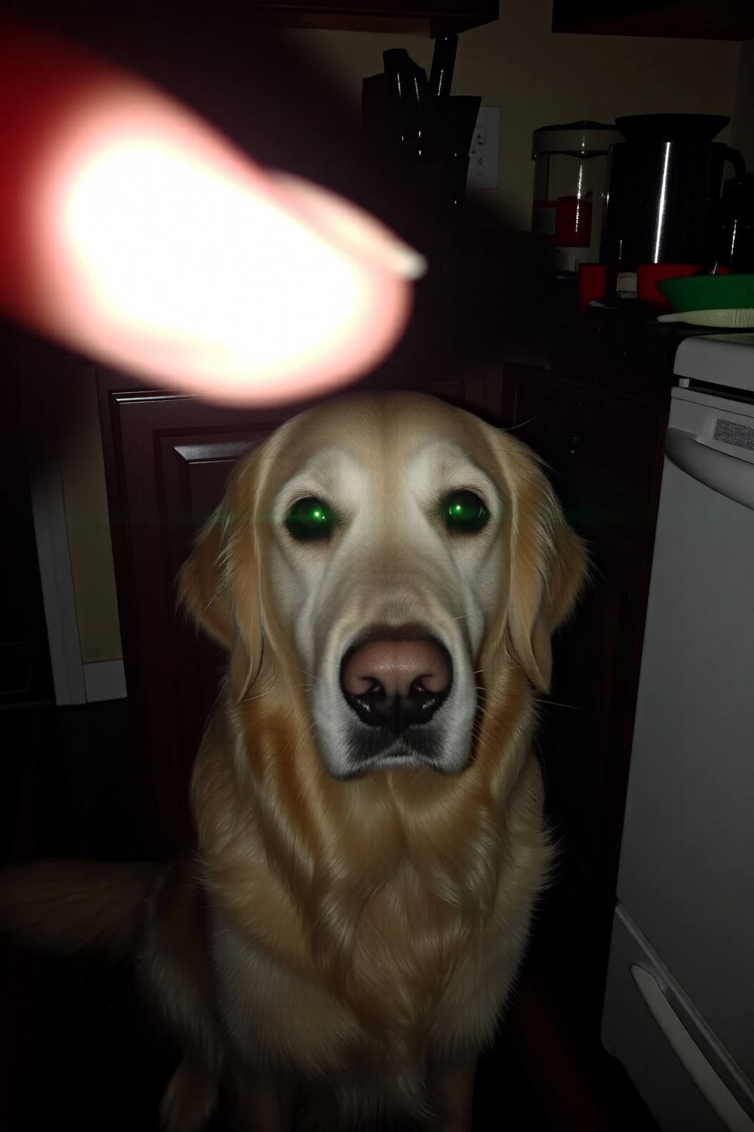 A poorly framed photo of a golden retriever dog standing in a dark kitchen. The photographer's finger accidentally covers...