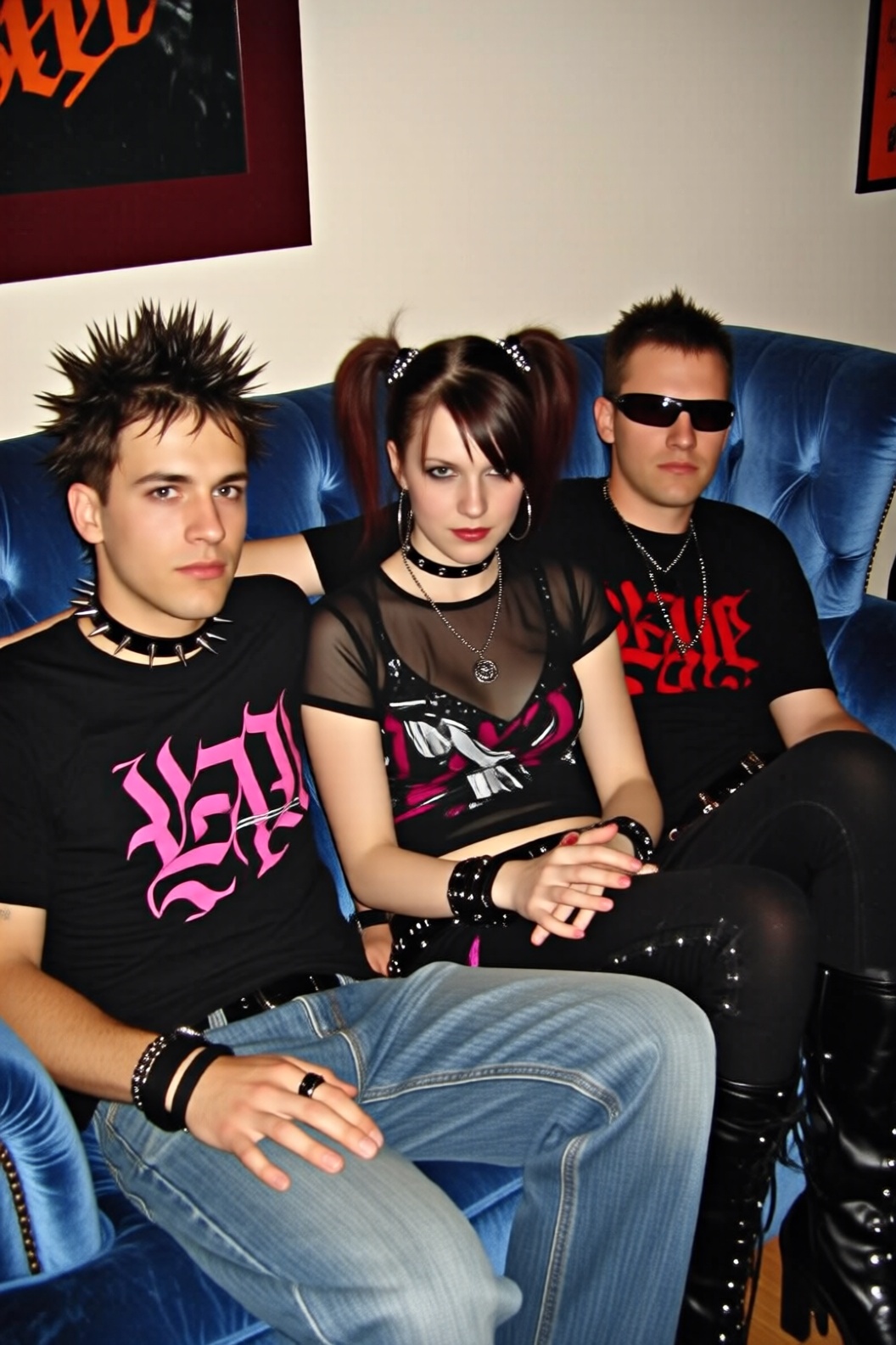 A low-resolution photo,  Three people sitting on a blue velvet sofa,  dressed in goth/industrial fashion. The man on the l...