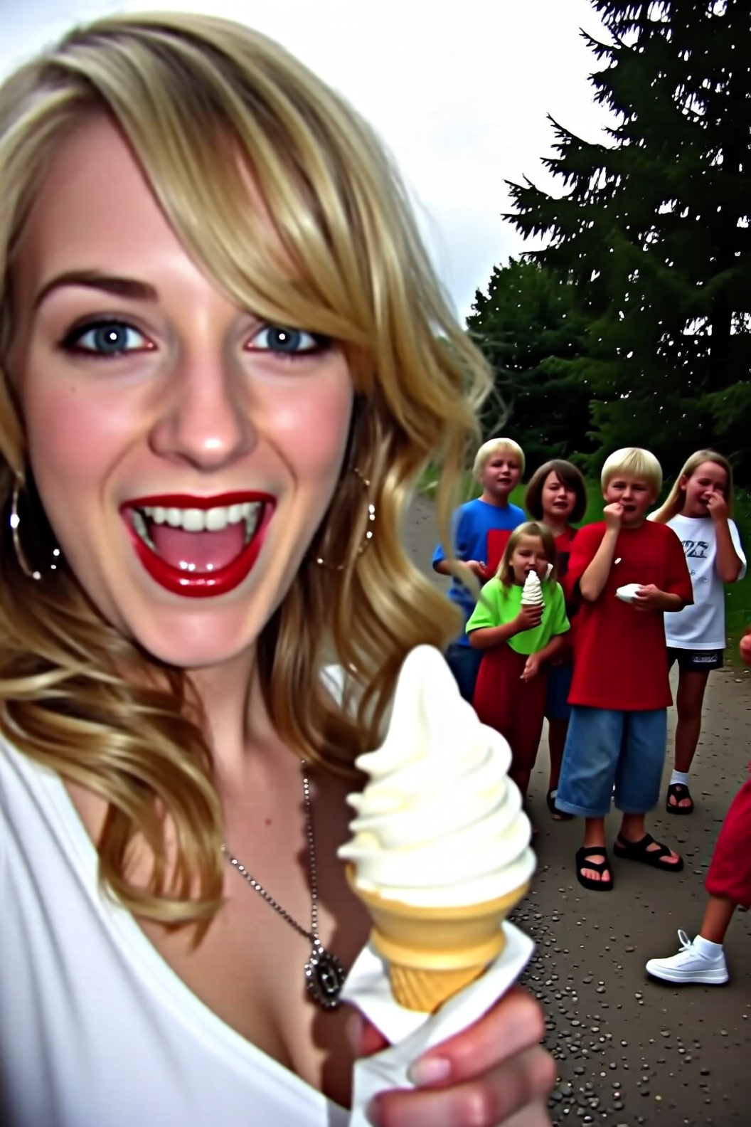 A close-up selfie taken by a young woman with wavy blonde hair and bright red lipstick. She is holding a vanilla soft-serv...