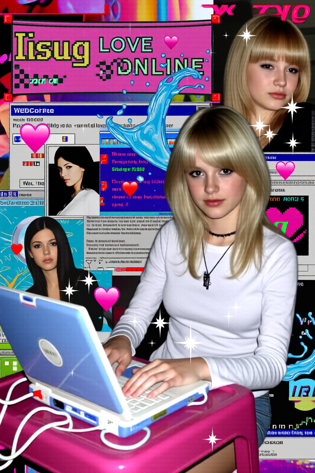 A highly stylized digital collage featuring a teenage girl with blonde hair and bangs sitting at a pink plastic desk. She...