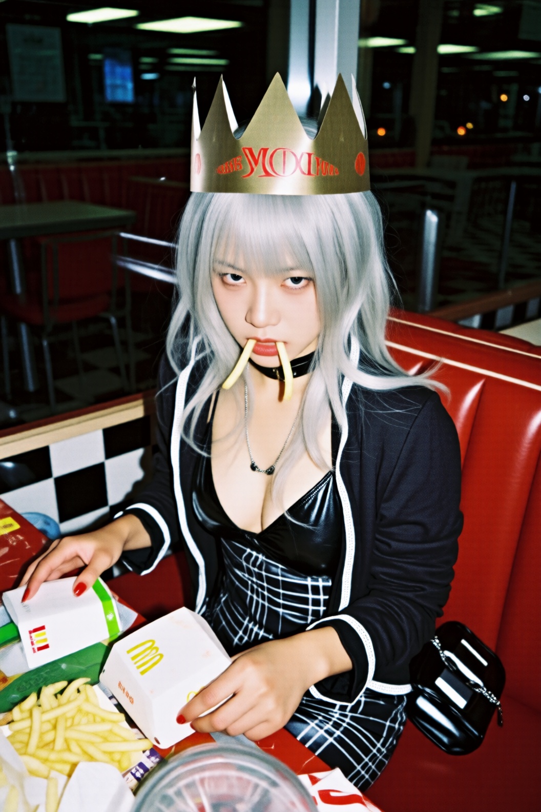 A young woman with silver hair sitting in a red vinyl booth at a fast-food restaurant. She is wearing a cardboard paper cr...
