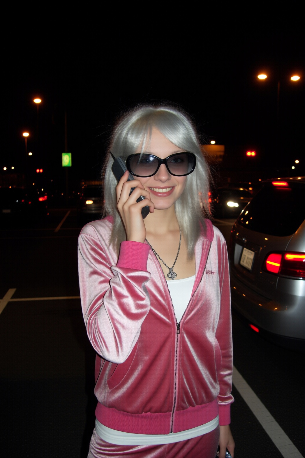 A night portrait of a young woman with silver hair standing in a parking lot. She is wearing oversized sunglasses (despite...