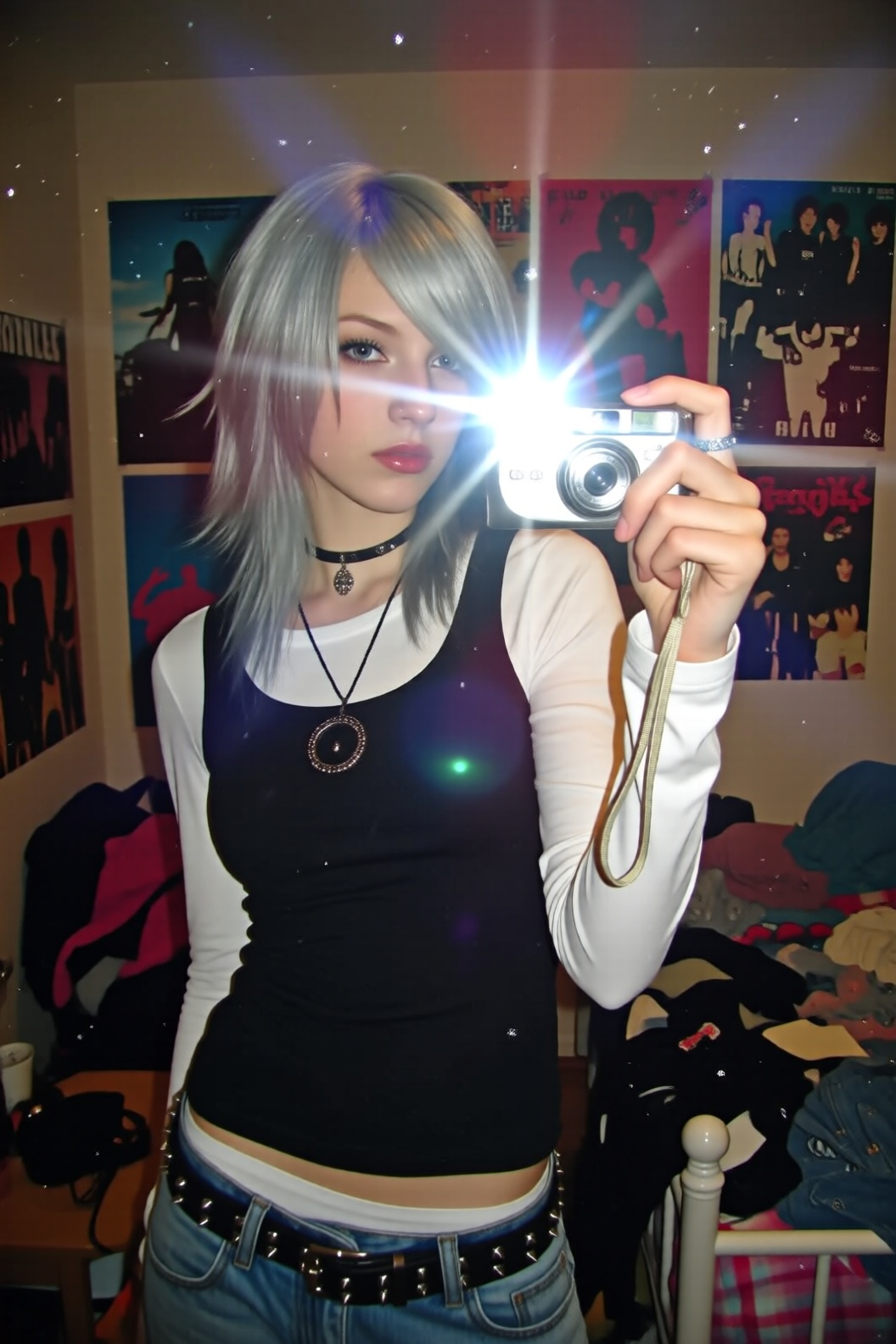 A mirror selfie taken by a young woman with choppy,  layered silver hair styled with side-swept bangs. She is holding a co...