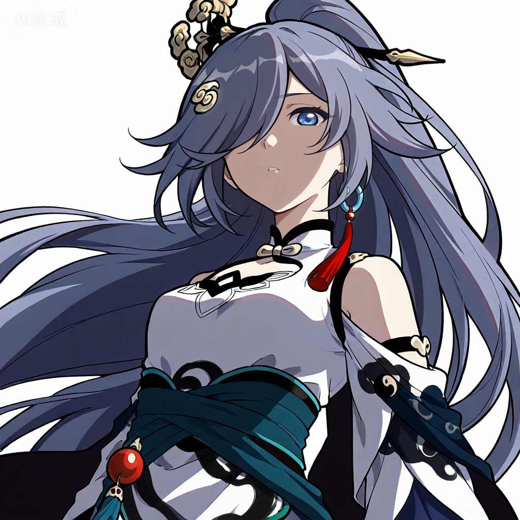 masterpiece, best quality,solo,((white background:1.2)),simple background,, 
looking at viewer,manga_style,fu hua \(azure empyrea\),hair ornament,hair over one eye,grey hair,blue_eyes,bangs,hanfu,long sleeves,ornament,Chinese clothes,taoist robes,boots,gold_trim,jewelry,Tassel