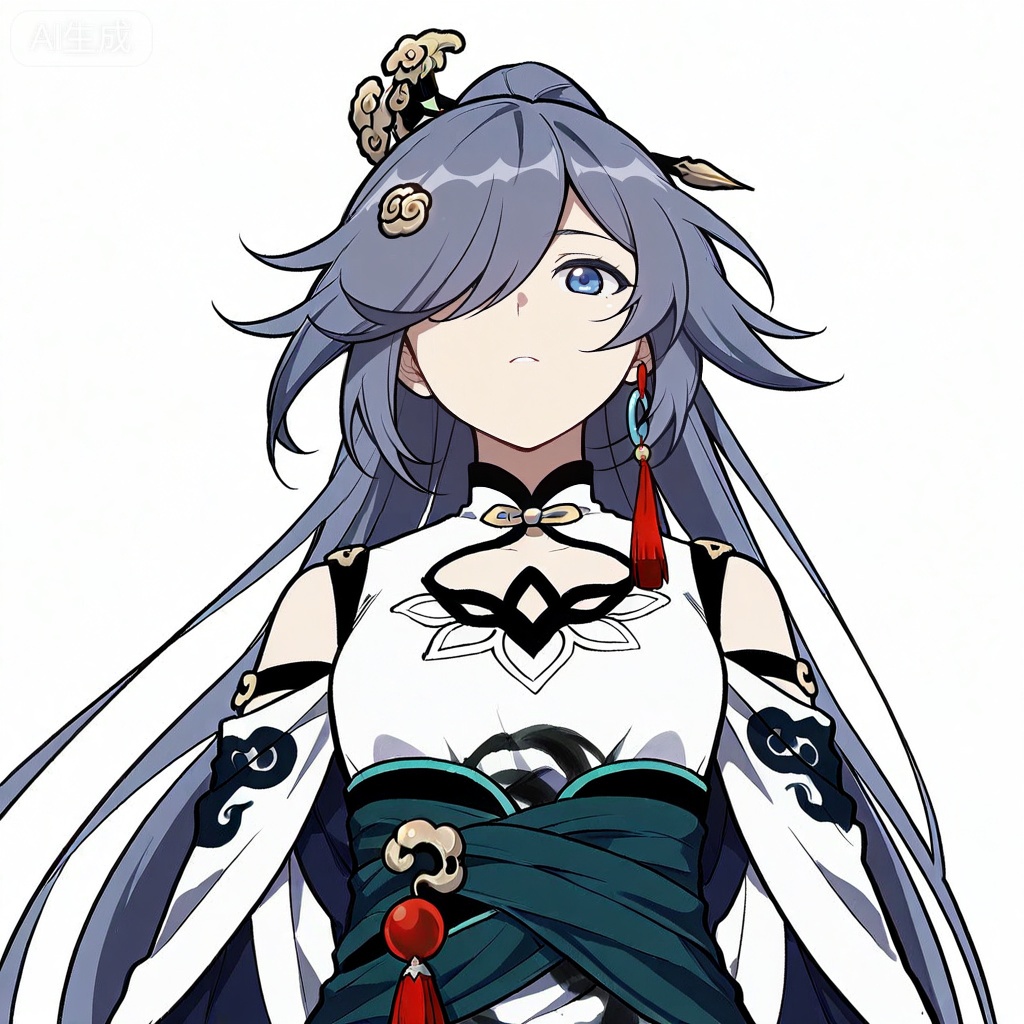 masterpiece, best quality,solo,((white background:1.2)),simple background,, 
looking at viewer,manga_style,fu hua \(azure empyrea\),hair ornament,hair over one eye,grey hair,blue_eyes,bangs,hanfu,long sleeves,ornament,Chinese clothes,taoist robes,boots,gold_trim,jewelry,Tassel