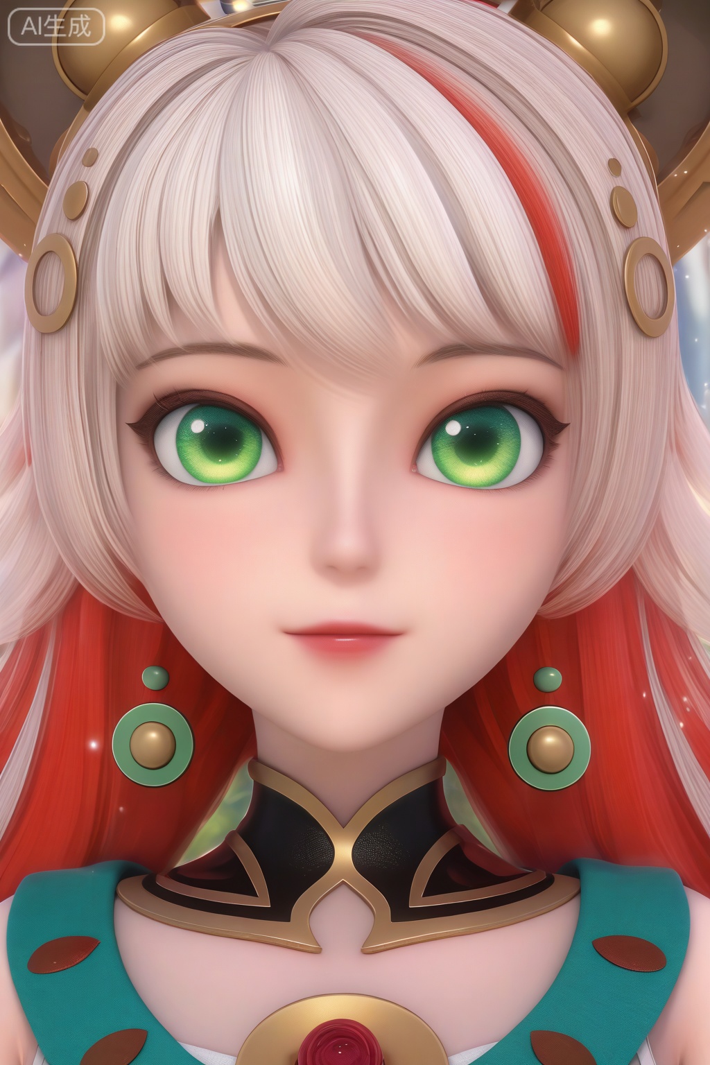 masterpiece, best quality, masterpiece,best quality,official art,extremely detailed CG unity 8k wallpaper,1girl,solo,looking at viewer,green eyes,white hair,red hair,multicolored hair,realism,solo focus,happiness,upper body,breasts, facing viewer,faceoff