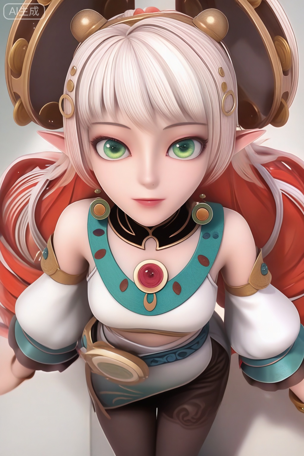 masterpiece, best quality, masterpiece,best quality,official art,extremely detailed CG unity 8k wallpaper,1girl,solo,long hair,looking at viewer,jewelry,green eyes,white hair,hair ornament,red hair,multicolored hair,detached sleeves,pointy ears,bracelet,two-tone hair,bare shoulders,drill hair,pantyhose,realism,solo focus,portrait,from above,simple background
