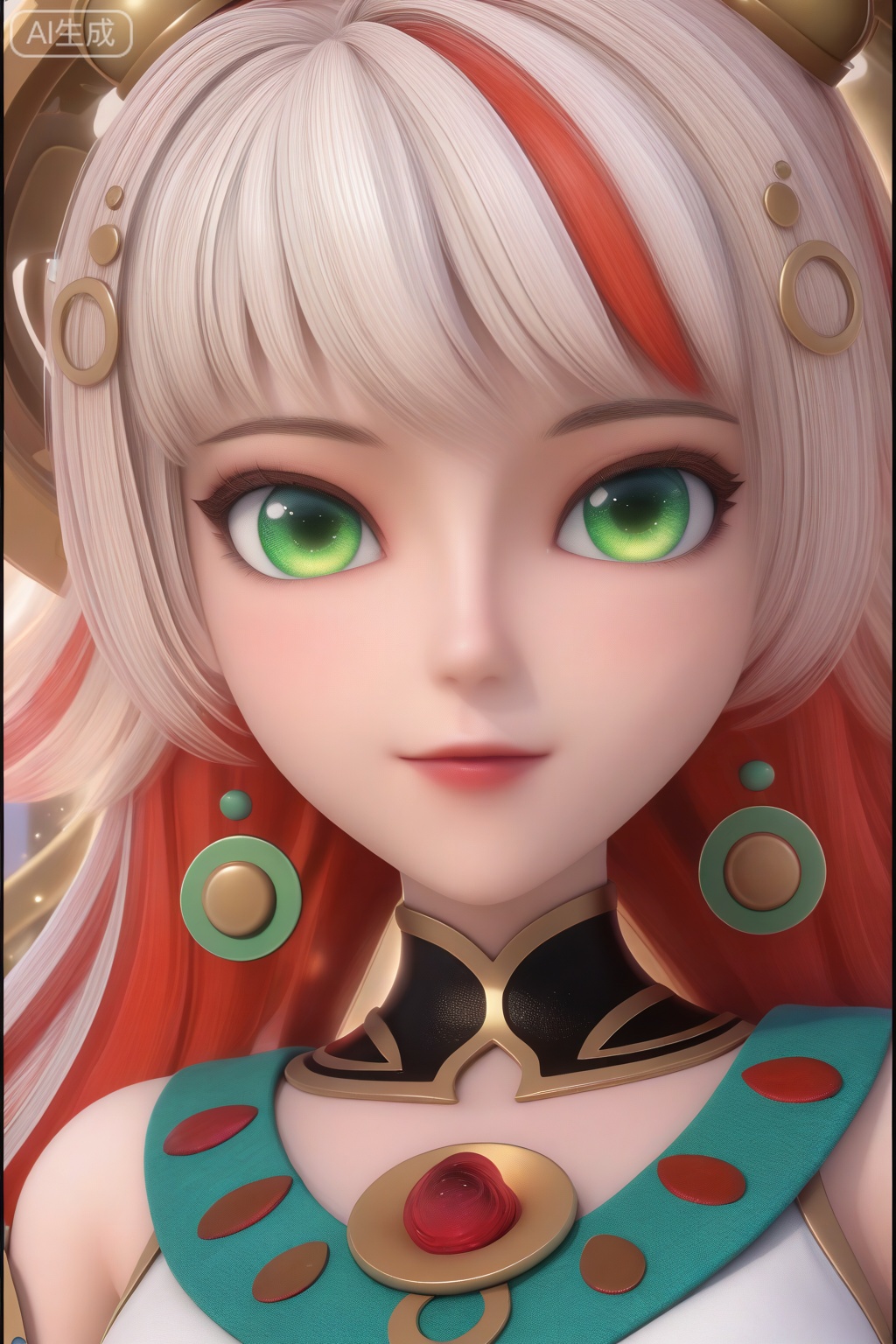 masterpiece, best quality, masterpiece,best quality,official art,extremely detailed CG unity 8k wallpaper,1girl,solo,looking at viewer,green eyes,white hair,red hair,multicolored hair,realism,solo focus,happiness,upper body,breasts, facing viewer,faceoff