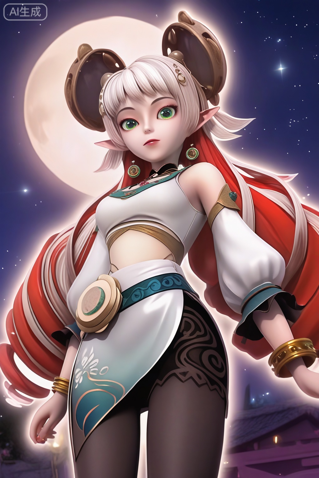 masterpiece, best quality, masterpiece,best quality,official art,extremely detailed CG unity 8k wallpaper,1girl,solo,long hair,looking at viewer,jewelry,green eyes,white hair,hair ornament,red hair,multicolored hair,detached sleeves,pointy ears,bracelet,two-tone hair,bare shoulders,drill hair,pantyhose,realism,night,full moon,moon