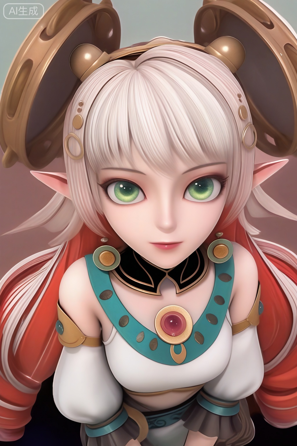 masterpiece, best quality, masterpiece,best quality,official art,extremely detailed CG unity 8k wallpaper,1girl,solo,long hair,looking at viewer,jewelry,green eyes,white hair,hair ornament,red hair,multicolored hair,detached sleeves,pointy ears,bracelet,two-tone hair,bare shoulders,drill hair,pantyhose,realism,solo focus,portrait,from above,simple background,white theme