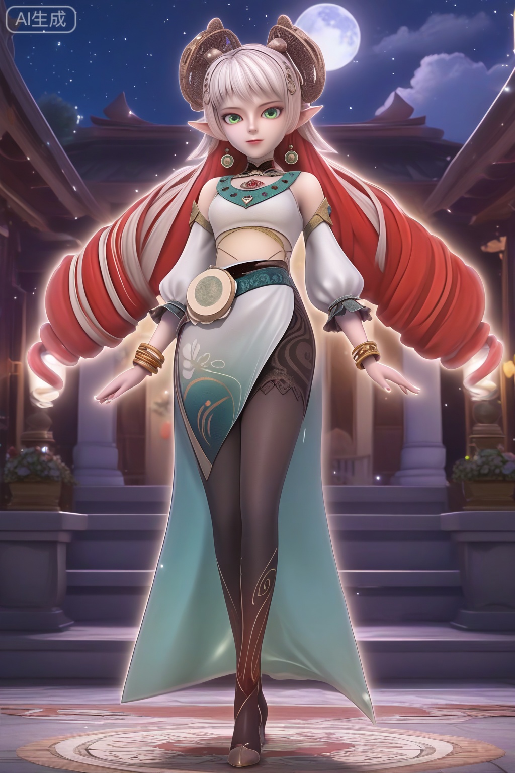 masterpiece, best quality, masterpiece,best quality,official art,extremely detailed CG unity 8k wallpaper,1girl,solo,long hair,looking at viewer,jewelry,green eyes,white hair,hair ornament,red hair,multicolored hair,detached sleeves,pointy ears,bracelet,two-tone hair,bare shoulders,drill hair,pantyhose,realism,night,full moon,moon,full body