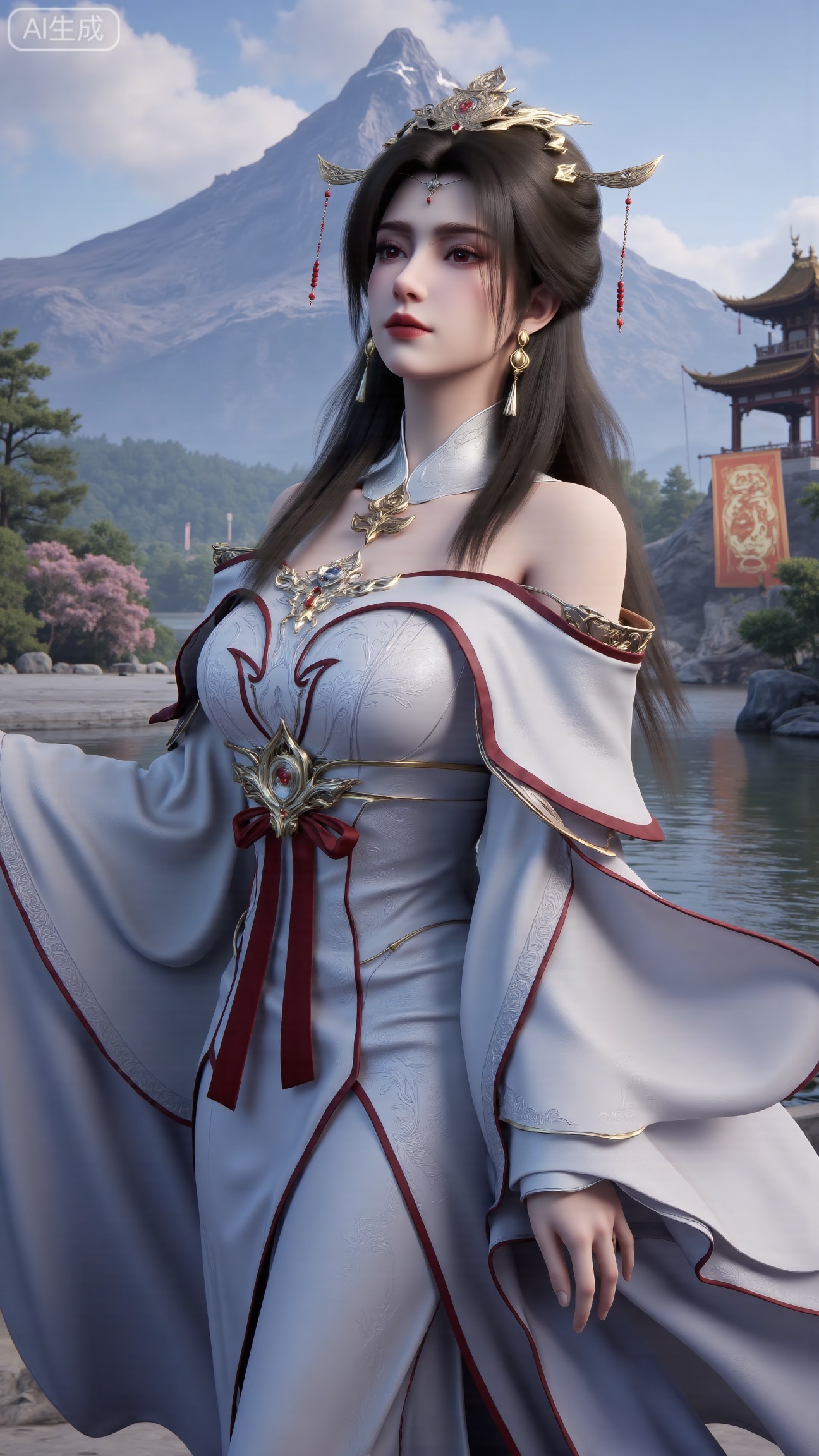 (masterpiece, best quality:1.2),1 girl, solo, long hair, black hair, hair accessories, clothing, cleavage cuts, long dress, jewelry, upper body, earrings. Background is outdoor, sky, clouds, water, trees, architecture, landscape, lantern, mountain, dragon, architecture, bridge, east Asian architecture, fog, pagoda,,(huge breasts:2.99),(full breasts:2.99),, , 
,Xbigbreasts,XmupeilingXYH2,XmuplXYH,XmupeilingXYH,XmuplXYH,Xchangtui,Xxiao2chu,Xhuoyuner2,Xyaoxx