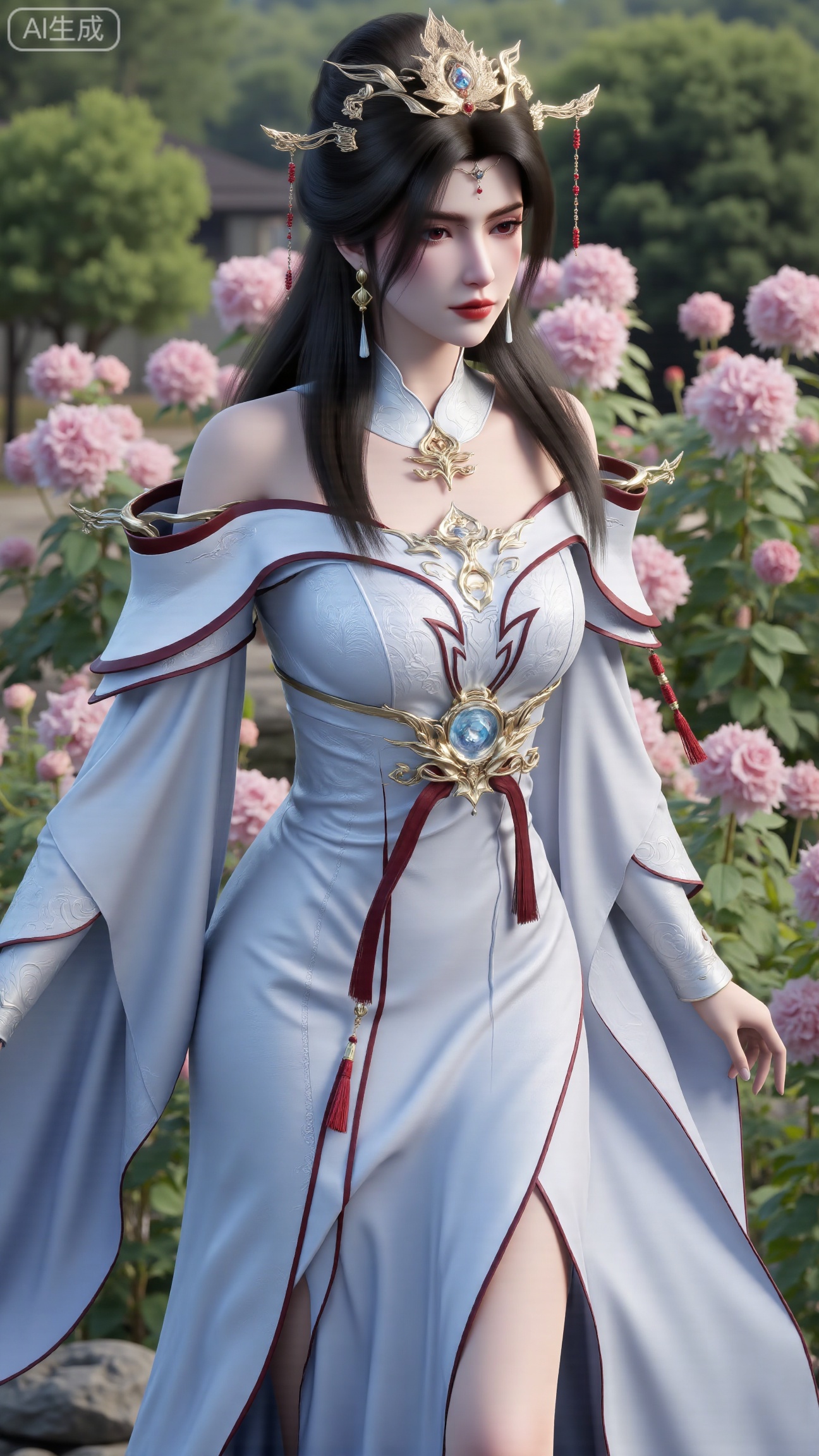 (masterpiece:1.2),best quality,,A woman adorned in traditional Chinese attire,( long dress,black long hair),featuring a flowing robe with intricate embroidery and floral accents. A garden filled with pink roses and lush greenery. Soft pastel hues of white,blue,and green,creating a serene atmosphere. Photorealistic photography.,(huge breasts:2.99),(full breasts:2.99),, , 
,Xbigbreasts,XmupeilingXYH2,XmuplXYH,XmupeilingXYH,XmuplXYH,Xchangtui,Xxiao2chu,Xhuoyuner2,Xyaoxx