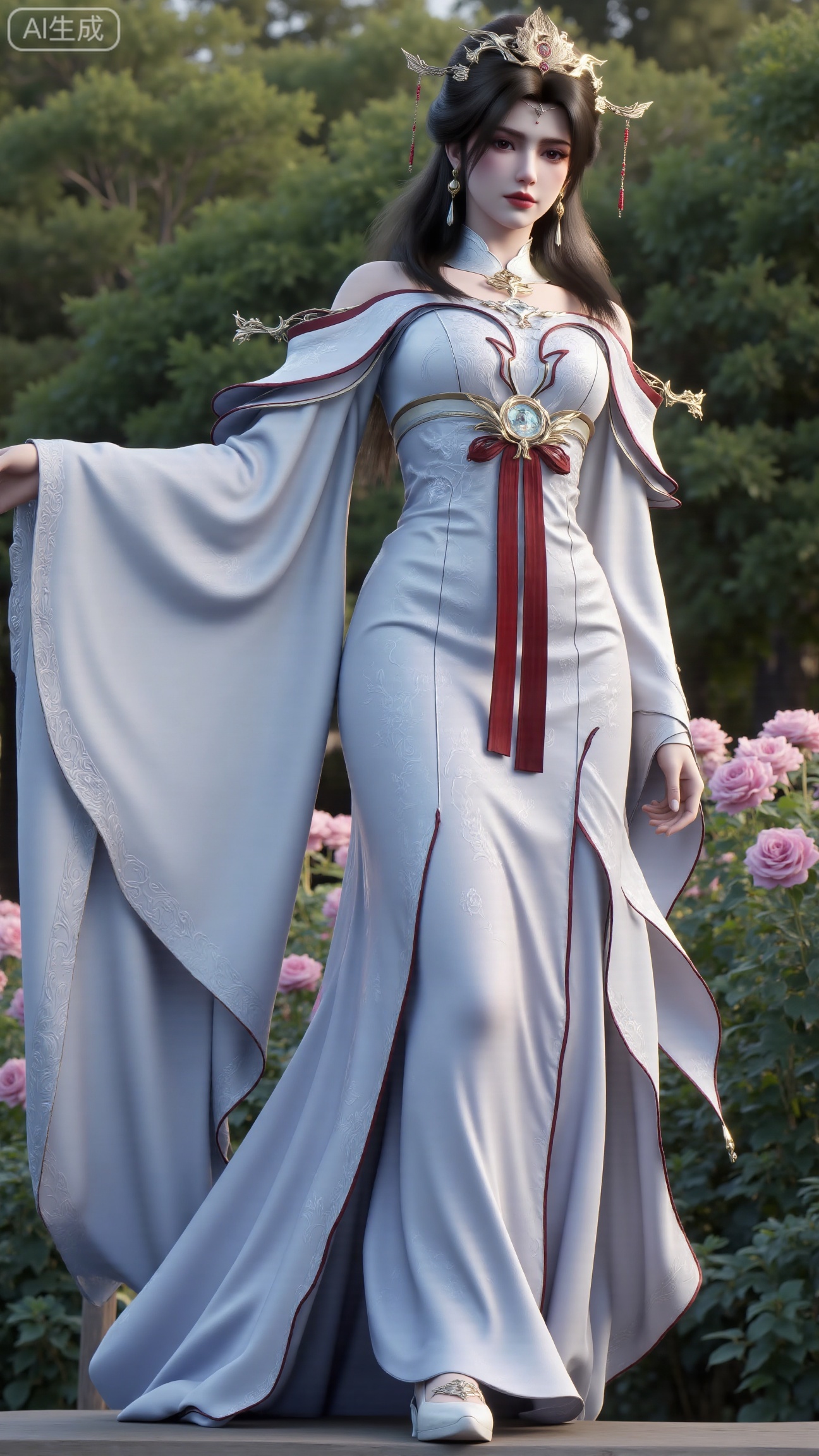 (masterpiece:1.2),best quality,,A woman adorned in traditional Chinese attire,( long dress,black long hair),featuring a flowing robe with intricate embroidery and floral accents. A garden filled with pink roses and lush greenery. Soft pastel hues of white,blue,and green,creating a serene atmosphere. Photorealistic photography.,(huge breasts:2.99),(full breasts:2.99),, , 
,Xbigbreasts,XmupeilingXYH2,XmuplXYH,XmupeilingXYH,XmuplXYH,Xchangtui,Xxiao2chu,Xhuoyuner2,Xyaoxx