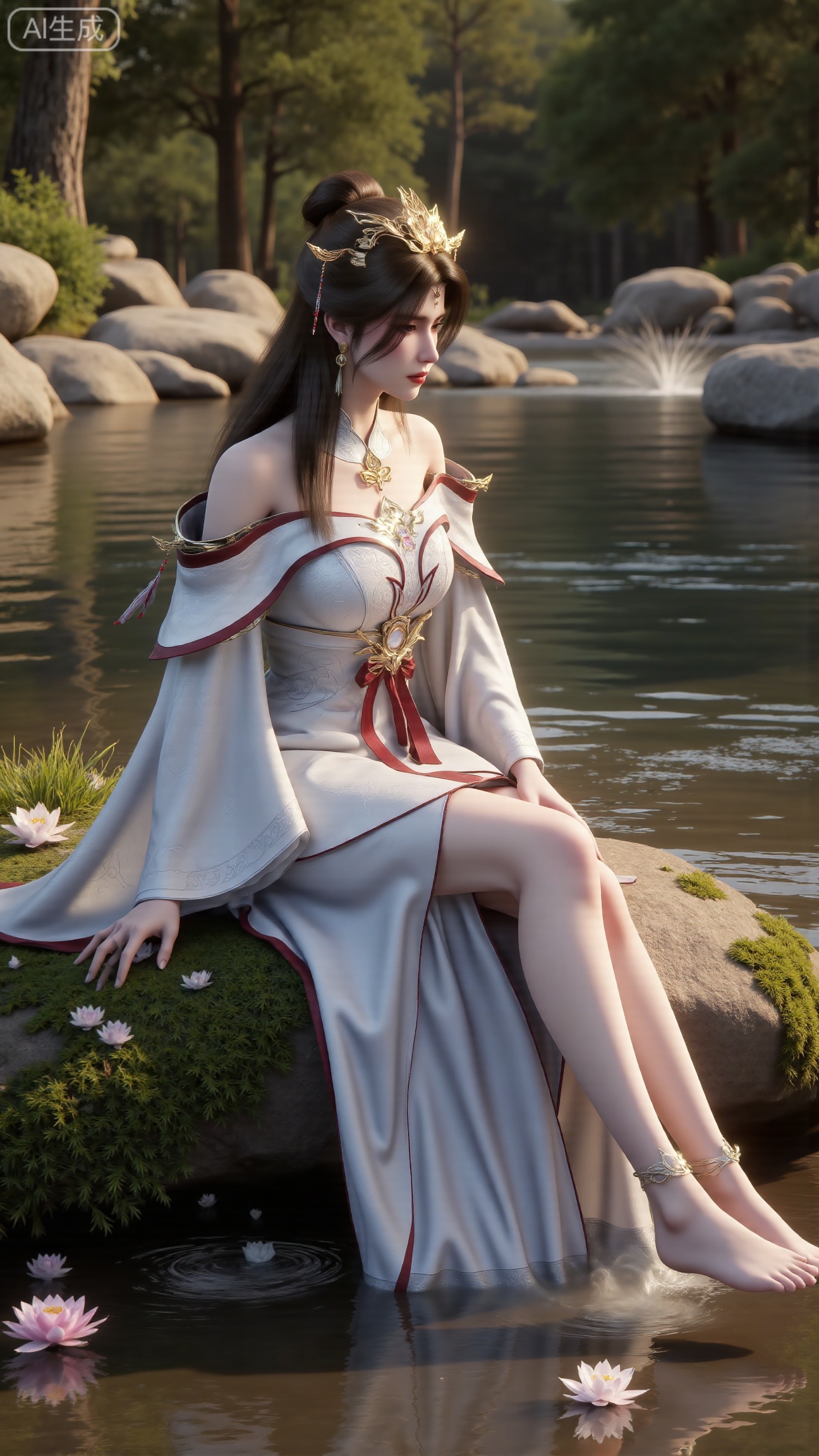 (masterpiece:1.3), ultra-detailed, 8k, photorealistic, best quality, cinematic lighting, volumetric sunlight, soft shadows, subsurface scattering, depth of field, A stunning young woman sits gracefully barefoot on a moss-covered rock beside a crystal-clear stream in a tranquil forest. The sunlight filters through the trees, casting dappled golden light on her smooth skin and the rippling water. She wears an exquisite long dress with fine pink and gold embroidery across the chest and short sleeves. Her long, dark hair flows naturally over her shoulders, softly illuminated by the warm light. Her bare feet touch the cool moss and shallow water, adding a sense of intimacy and realism. One hand rests gently on her hip, while the other holds a blooming lotus flower, her expression calm and serene. Mist rises gently from the water, with reflections dancing on the surface, creating a peaceful, ethereal atmosphere. (background with mossy stones, flowing stream, forest sunlight, soft haze, and gentle reflections:1.6), (realistic skin texture:1.3), (natural color tones:1.3), (film look:1.2) (huge breasts:2.99),(full breasts:2.99), , 
,Xbigbreasts,XmupeilingXYH2,XmuplXYH,XmupeilingXYH,XmuplXYH,Xchangtui,Xxiao2chu,Xhuoyuner2,Xyaoxx