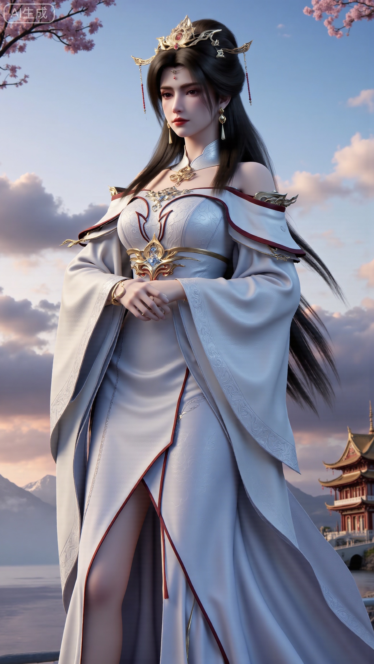 (masterpiece, best quality:1.2),1 girl, solo, long hair, black hair, hair accessories, clothing, cleavage cuts, long dress, jewelry, upper body, earrings. Background is outdoor, sky, clouds, water, trees, architecture, landscape, lantern, mountain, dragon, architecture, bridge, east Asian architecture, fog, pagoda,,(huge breasts:2.99),(full breasts:2.99),, , 
,Xbigbreasts,XmupeilingXYH2,XmuplXYH,XmupeilingXYH,XmuplXYH,Xchangtui,Xxiao2chu,Xhuoyuner2,Xyaoxx