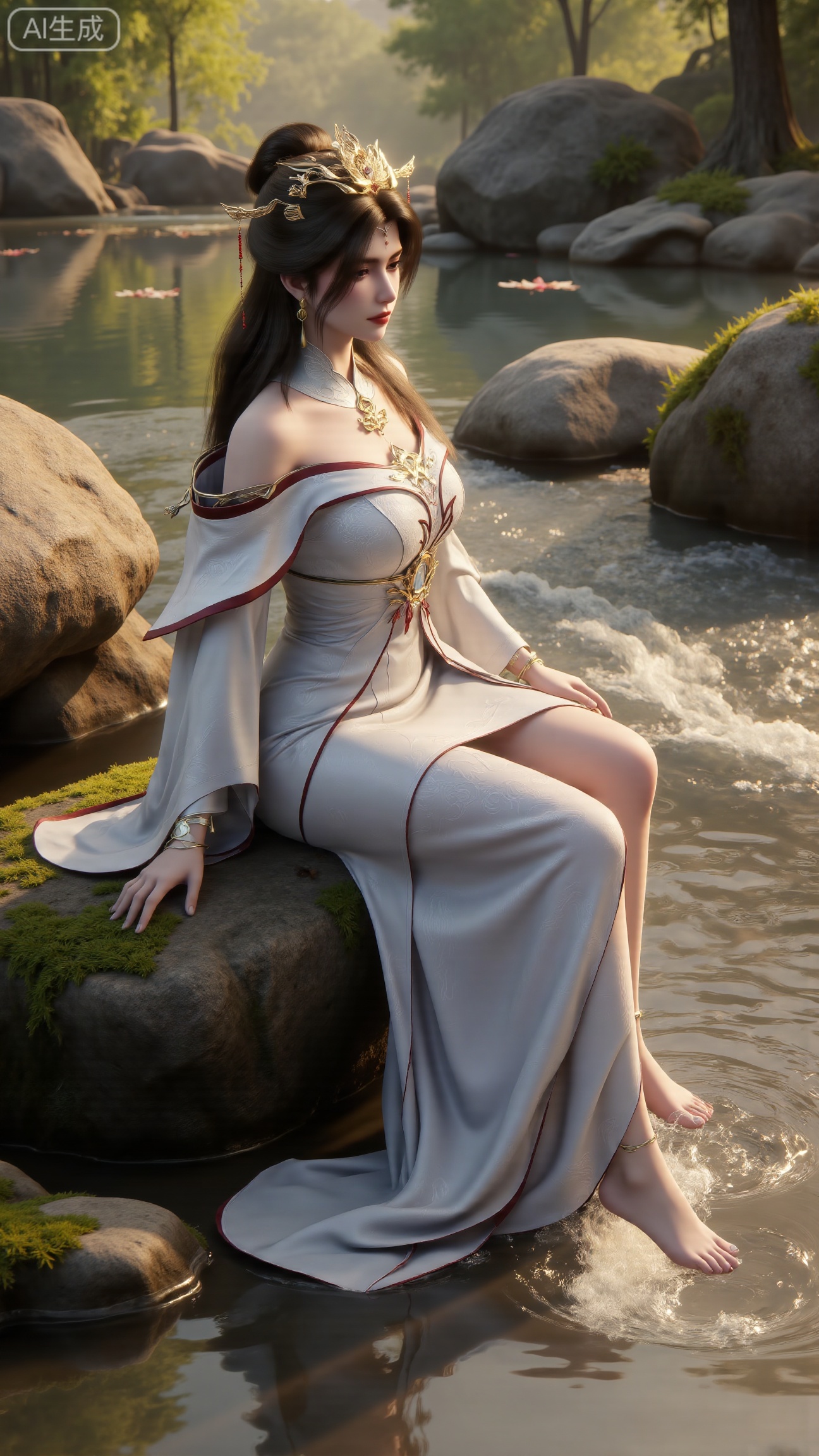 (masterpiece:1.3), ultra-detailed, 8k, photorealistic, best quality, cinematic lighting, volumetric sunlight, soft shadows, subsurface scattering, depth of field, A stunning young woman sits gracefully barefoot on a moss-covered rock beside a crystal-clear stream in a tranquil forest. The sunlight filters through the trees, casting dappled golden light on her smooth skin and the rippling water. She wears an exquisite long dress with fine pink and gold embroidery across the chest and short sleeves. Her long, dark hair flows naturally over her shoulders, softly illuminated by the warm light. Her bare feet touch the cool moss and shallow water, adding a sense of intimacy and realism. One hand rests gently on her hip, while the other holds a blooming lotus flower, her expression calm and serene. Mist rises gently from the water, with reflections dancing on the surface, creating a peaceful, ethereal atmosphere. (background with mossy stones, flowing stream, forest sunlight, soft haze, and gentle reflections:1.6), (realistic skin texture:1.3), (natural color tones:1.3), (film look:1.2) (huge breasts:2.99),(full breasts:2.99), , 
,Xbigbreasts,XmupeilingXYH2,XmuplXYH,XmupeilingXYH,XmuplXYH,Xchangtui,Xxiao2chu,Xhuoyuner2,Xyaoxx