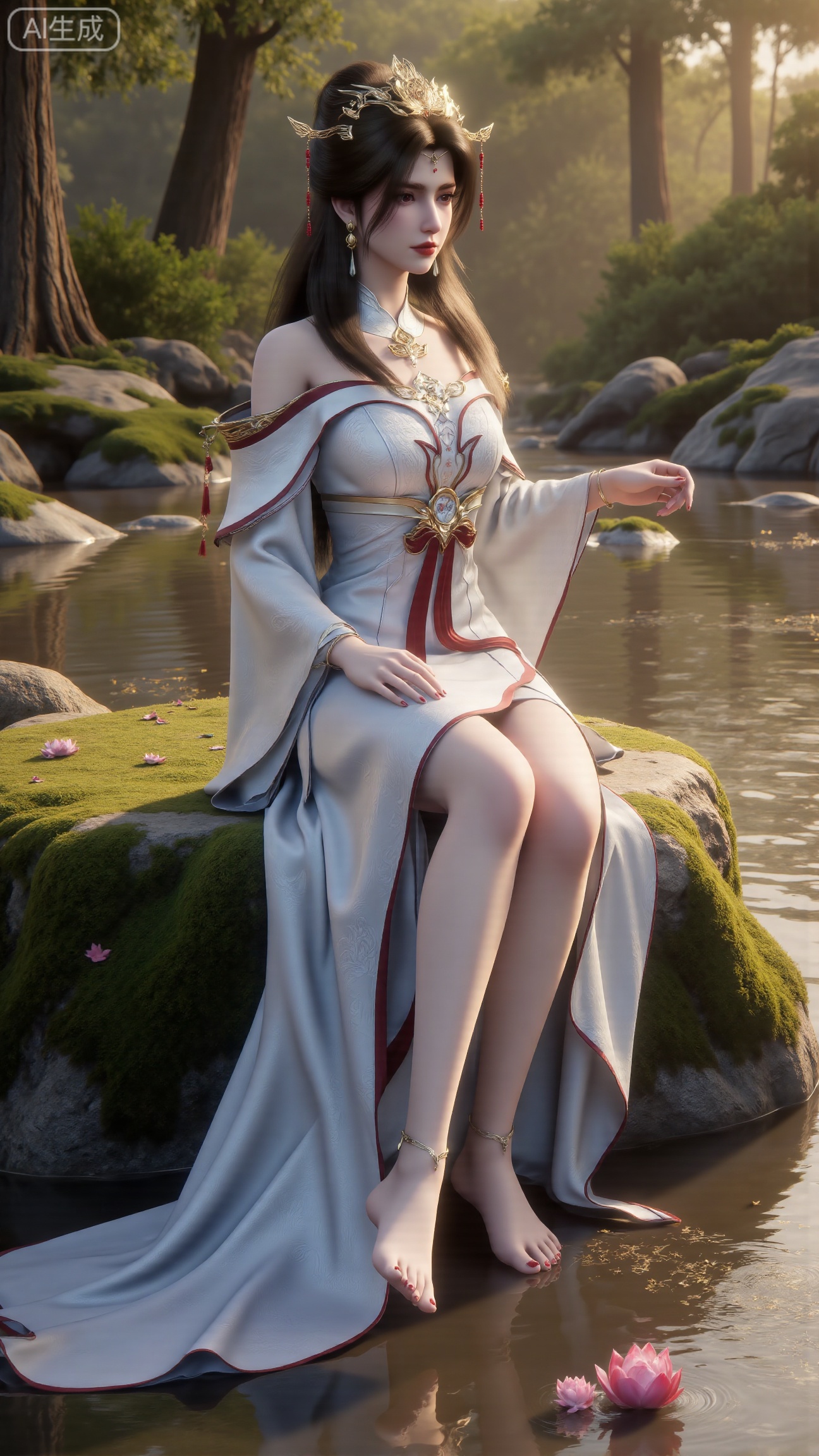 (masterpiece:1.3), ultra-detailed, 8k, photorealistic, best quality, cinematic lighting, volumetric sunlight, soft shadows, subsurface scattering, depth of field, A stunning young woman sits gracefully barefoot on a moss-covered rock beside a crystal-clear stream in a tranquil forest. The sunlight filters through the trees, casting dappled golden light on her smooth skin and the rippling water. She wears an exquisite long dress with fine pink and gold embroidery across the chest and short sleeves. Her long, dark hair flows naturally over her shoulders, softly illuminated by the warm light. Her bare feet touch the cool moss and shallow water, adding a sense of intimacy and realism. One hand rests gently on her hip, while the other holds a blooming lotus flower, her expression calm and serene. Mist rises gently from the water, with reflections dancing on the surface, creating a peaceful, ethereal atmosphere. (background with mossy stones, flowing stream, forest sunlight, soft haze, and gentle reflections:1.6), (realistic skin texture:1.3), (natural color tones:1.3), (film look:1.2) (huge breasts:2.99),(full breasts:2.99), , 
,Xbigbreasts,XmupeilingXYH2,XmuplXYH,XmupeilingXYH,XmuplXYH,Xchangtui,Xxiao2chu,Xhuoyuner2,Xyaoxx