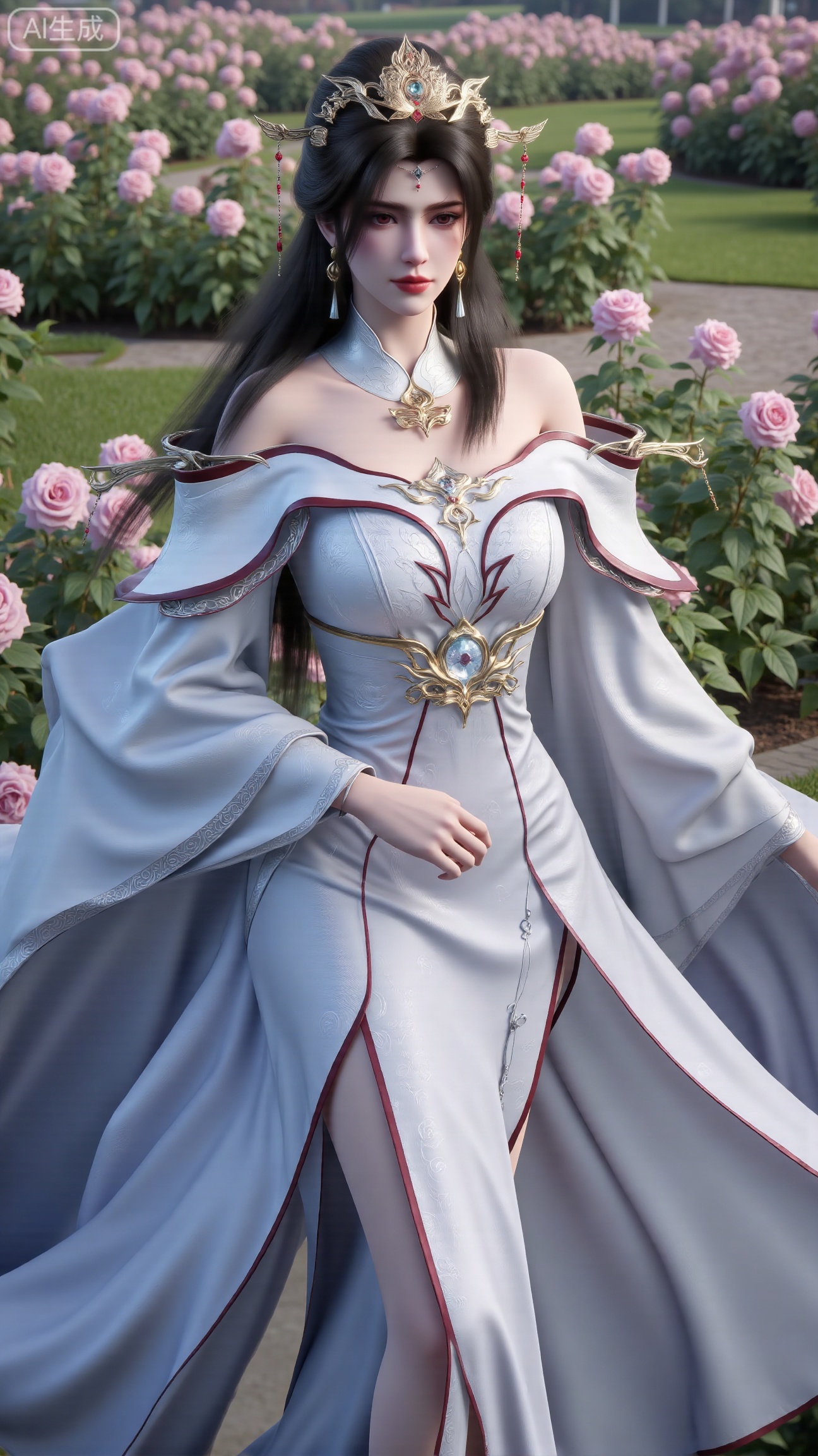 (masterpiece:1.2),best quality,,A woman adorned in traditional Chinese attire,( long dress,black long hair),featuring a flowing robe with intricate embroidery and floral accents. A garden filled with pink roses and lush greenery. Soft pastel hues of white,blue,and green,creating a serene atmosphere. Photorealistic photography.,(huge breasts:2.99),(full breasts:2.99),, , 
,Xbigbreasts,XmupeilingXYH2,XmuplXYH,XmupeilingXYH,XmuplXYH,Xchangtui,Xxiao2chu,Xhuoyuner2,Xyaoxx