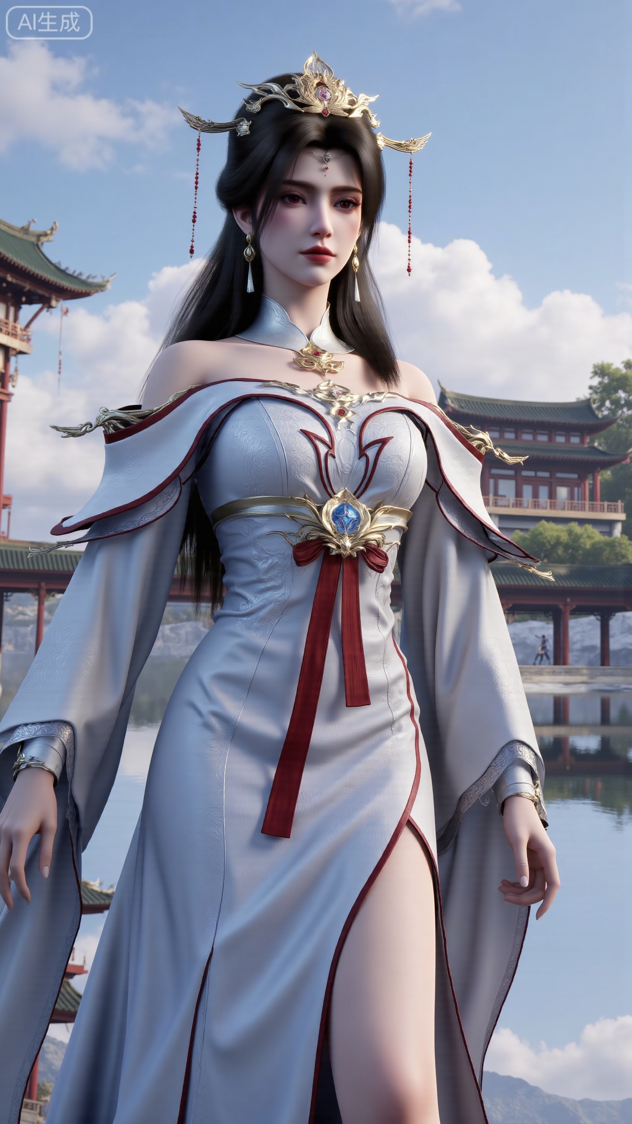 (masterpiece, best quality:1.2),1 girl, solo, long hair, black hair, hair accessories, clothing, cleavage cuts, long dress, jewelry, upper body, earrings. Background is outdoor, sky, clouds, water, trees, architecture, landscape, lantern, mountain, dragon, architecture, bridge, east Asian architecture, fog, pagoda,,(huge breasts:2.99),(full breasts:2.99),, , 
,Xbigbreasts,XmupeilingXYH2,XmuplXYH,XmupeilingXYH,XmuplXYH,Xchangtui,Xxiao2chu,Xhuoyuner2,Xyaoxx