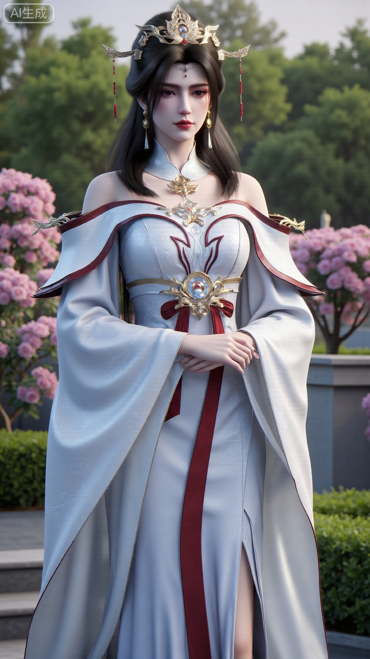 (masterpiece:1.2),best quality,,A woman adorned in traditional Chinese attire,( long dress,black long hair),featuring a flowing robe with intricate embroidery and floral accents. A garden filled with pink roses and lush greenery. Soft pastel hues of white,blue,and green,creating a serene atmosphere. Photorealistic photography.,(huge breasts:2.99),(full breasts:2.99),, , 
,Xbigbreasts,XmupeilingXYH2,XmuplXYH,XmupeilingXYH,XmuplXYH,Xchangtui,Xxiao2chu,Xhuoyuner2,Xyaoxx