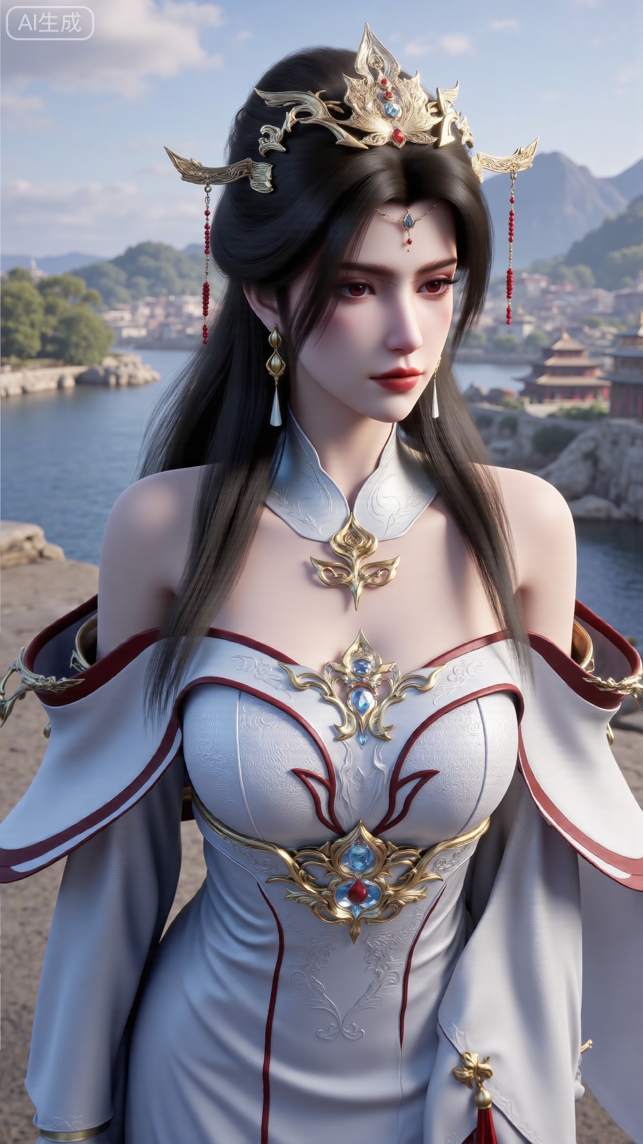 (masterpiece, best quality:1.2),1 girl, solo, long hair, black hair, hair accessories, clothing, cleavage cuts, long dress, jewelry, upper body, earrings. Background is outdoor, sky, clouds, water, trees, architecture, landscape, lantern, mountain, dragon, architecture, bridge, east Asian architecture, fog, pagoda,,(huge breasts:2.99),(full breasts:2.99),, , 
,Xbigbreasts,XmupeilingXYH2,XmuplXYH,XmupeilingXYH,XmuplXYH,Xchangtui,Xxiao2chu,Xhuoyuner2,Xyaoxx