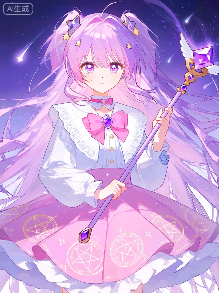 KAF,
这是一幅数字动漫风格的绘画,画中的魔法少女有着长长的、如瀑布般垂落的粉紫色头发,上面点缀着星星形状的发饰。她有一双梦幻般的紫眼睛和粉嫩的肌肤。她穿着一件粉色的蓬蓬裙,裙摆上绣着金色的魔法阵图案,外面套着一件白色的蕾丝小外套,领口处系着一个粉色的蝴蝶结。她的手上拿着一根镶嵌着紫色宝石的魔法棒,魔法棒顶端闪烁着神秘的光芒。背景是梦幻的紫色星空,有几颗流星划过。她的表情自信又坚定。图像具有梦幻、浪漫的调色板和充满奇幻色彩的感觉。女孩的头发和服装细节精致,线条优美,增强了动漫美感。





