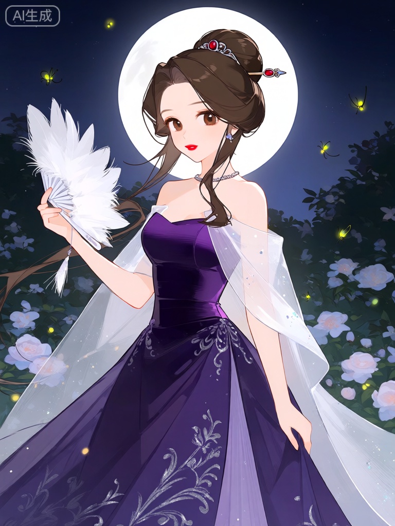 KAF,
这幅数字动漫风格的插图,画中的优雅公主留着深棕色的长发,盘成一个精致的发髻,发髻上插着一支镶嵌着红宝石的发簪。她有一双深邃而迷人的棕色眼睛和红润的嘴唇。她穿着一件深紫色的晚礼服,礼服的上半部分是紧身设计,凸显出她曼妙的身材,下半部分是拖地的长裙,裙摆上绣着银色的花纹。她的肩膀上披着一件白色的薄纱披肩,披肩上点缀着一些细小的亮片。她的左手拿着一把白色的羽毛扇,轻轻扇动。背景是月光下的花园,盛开的花朵散发着淡淡的香气,还有几只萤火虫在飞舞。整体风格浪漫而优雅,线条流畅自然。














