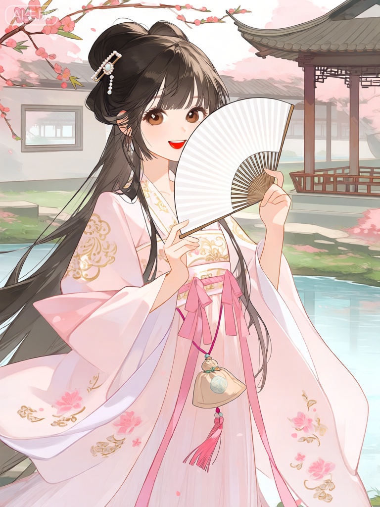KAF,
这幅数字动漫风格的插图描绘了一位古典的年轻佳人,她有着长长的、柔顺的黑色长发,盘成一个精致的发髻,发髻上插着一支镶嵌着珍珠的发簪。她有一双温柔含情的棕色眼睛和樱桃般的红唇。她身着一件淡粉色的汉服,汉服上绣着精美的金色花纹和粉色花朵图案,宽大的衣袖随风飘动。她的腰间系着一条粉色的丝带,丝带上挂着一个香囊。她手持一把白色的折扇,微微遮住半张脸,露出羞涩的笑容。背景是一片古色古香的庭院,有盛开的桃花、潺潺的流水和古朴的亭台楼阁。整体风格古典雅致,色彩柔和,线条细腻,展现出东方女性的温婉之美。



















