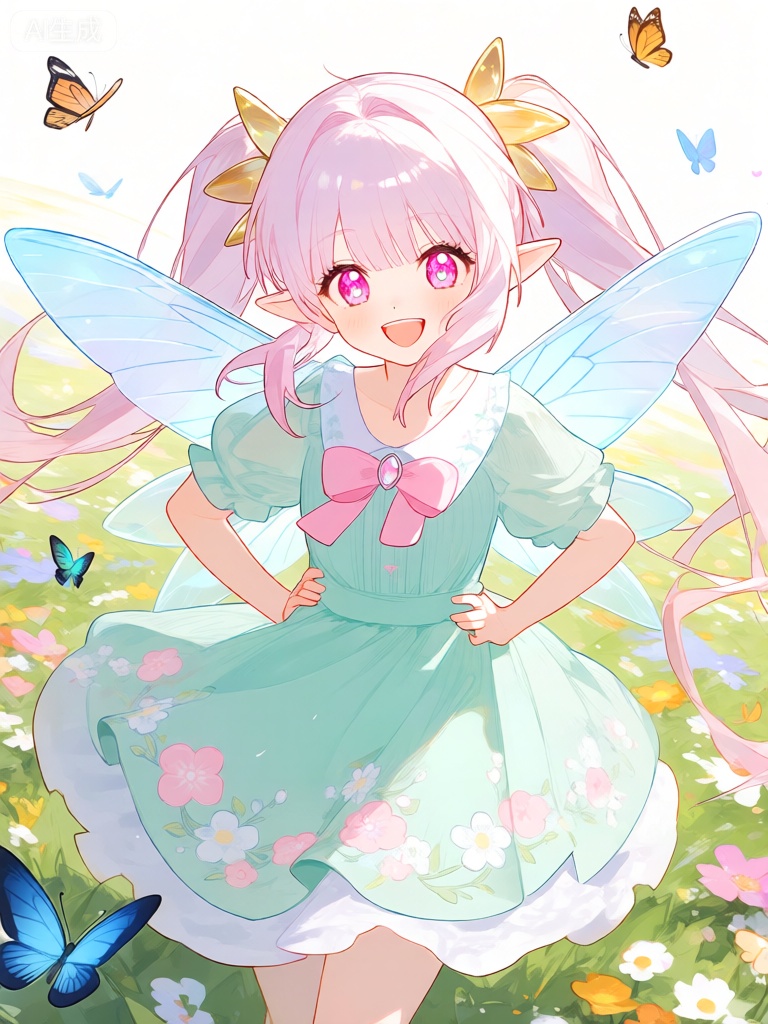 KAF,
这幅数字动漫风格的插图刻画了一个活泼的精灵少女,她有着淡粉色的双马尾长发,发尾处闪烁着金色的微光,还有一双如同宝石般璀璨的粉色眼睛。她穿着一件薄荷绿色的连衣裙,裙子上绣着粉色和白色的花朵图案,领口处系着一个粉色的蝴蝶结。她的背上背着一对透明且散发着淡蓝色光芒的精灵翅膀。她双手叉腰,身体微微前倾,脸上洋溢着灿烂的笑容。背景是一片开满鲜花的草地,阳光明媚,彩蝶纷飞。整体风格甜美可爱,色彩明快,线条圆润,充满了生机与活力。
















