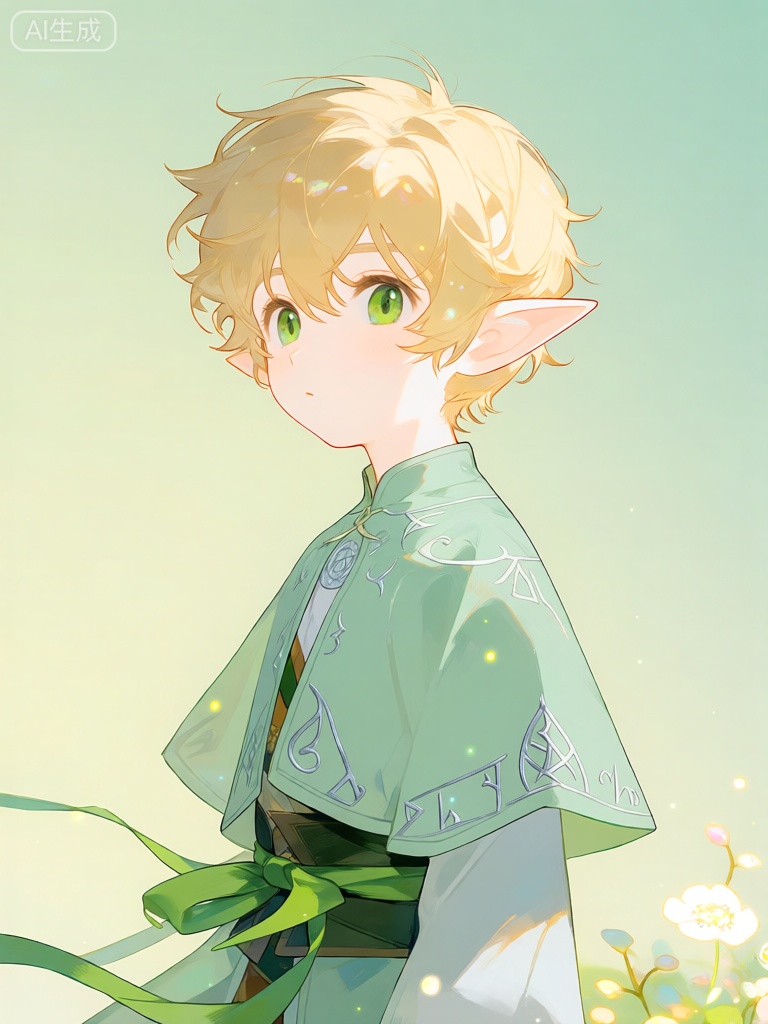 KAF,
这是一幅数字动漫风格的插图,描绘了一个年轻的精灵少年,有着短而利落的金色卷发和尖尖的精灵耳朵。这个少年有着白皙且透着淡淡光泽的皮肤和灵动的大绿眼睛,目光直直地看向远方,表情中透着几分好奇与憧憬。他身着浅绿色的精灵服饰,上面绣着银色的神秘符文,腰间系着一条绿色的丝带,随风轻轻飘动。背景是淡绿色到浅黄色的渐变,右下方附近有几朵散发着微光的小花。少年的头发和服饰上的符文具有柔和、闪烁的效果,为图像增添了神秘、奇幻的氛围。



