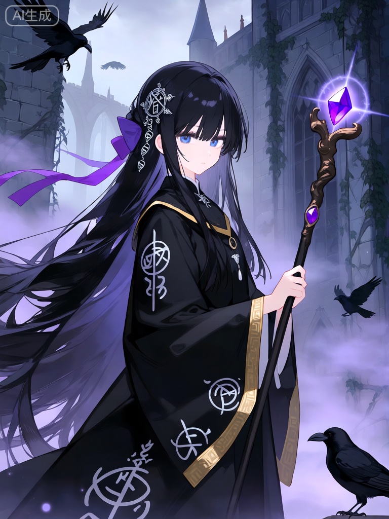 KAF,
这张数字动漫风格的插图描绘了一个神秘的年轻巫女,她有着乌黑亮丽的长发,如瀑布般垂落在身后,发间点缀着银色的符文发饰,还有一条紫色的丝带随风飘动。她有一双深邃幽蓝的眼睛和冷峻的表情。她身着传统的黑色巫女长袍,长袍上绣着神秘的白色符文和图案,袖口和领口处镶嵌着金色的边饰。她右手拿着一根镶嵌着紫色宝石的法杖,法杖顶端闪烁着神秘的光芒。背景是阴森的古老城堡,墙壁上爬满了藤蔓,周围弥漫着淡淡的紫色雾气,还有几只黑色的乌鸦在盘旋。她的头发和法杖充满神秘的气息,动作沉稳,为图像增添了神秘莫测的感觉。整体风格神秘深邃,细节丰富。

















