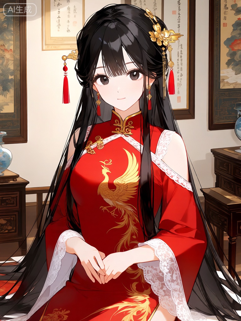 KAF,
这幅数字动漫风格的插图刻画了一位端庄的古典美人,她有着一头乌黑亮丽的齐腰长发,发间佩戴着金色的发饰和红色的流苏。她有一双明亮而深邃的黑色眼睛和白皙细腻的肌肤。她穿着一件大红色的旗袍,旗袍上绣着金色的凤凰图案,领口和袖口处镶嵌着白色的蕾丝边。她的双手交叠放在身前,姿态优雅。背景是一间装饰华丽的房间,墙上挂着精美的字画,摆放着古色古香的家具。整体风格华丽典雅,注重传统元素的运用和色彩的搭配,凸显出古典美人的高贵气质。




















