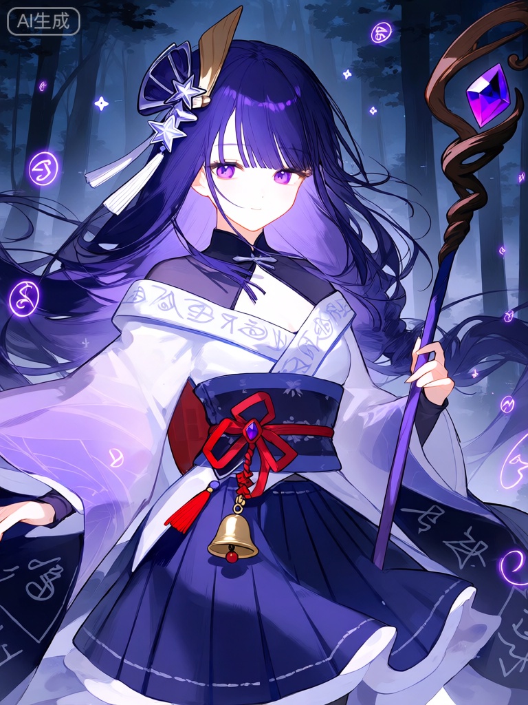 KAF,
这幅数字动漫风格的插图描绘了一位神秘巫女,她有着深紫色的长发,自然垂落在腰间,发间点缀着银色星星形状的发饰。她有一双深邃如夜空的紫眼睛和白皙中透着淡淡荧光的肤色。她身着传统的巫女服饰,白色与藏青色相间的上衣,领口处绣着神秘的符文,搭配着一条藏青色的百褶裙,裙摆随风轻轻飘动。她的腰间系着一条红色的丝带,丝带上挂着一个小巧的铃铛。她的左手持着一根镶嵌着紫色宝石的法杖。背景是幽深的森林,弥漫着淡淡的紫色雾气,周围漂浮着闪烁的魔法符文,营造出神秘、奇幻的氛围。










