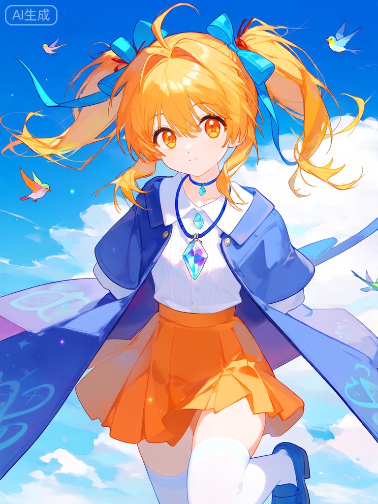 KAF,
这是一幅数字动漫风格的插图,描绘了一个年轻的魔法少女,有着俏皮的双马尾发型,头发是亮丽的橙黄色,马尾上系着蓝色的丝带。这个少女有着白皙的皮肤和灵动的橙色大眼睛,眼神中透着俏皮与机灵。她穿着一件蓝色的短款魔法外套,里面搭配着白色的衬衫和橙色的百褶裙,脚上穿着白色的长袜和蓝色的鞋子。她的脖子上戴着一条蓝色的项链,项链上挂着一个魔法水晶吊坠。背景是蓝天白云,还有几只彩色的小鸟在飞翔。少女的头发和水晶吊坠具有柔和、发光的效果,为图像增添了活泼、灵动的品质。







