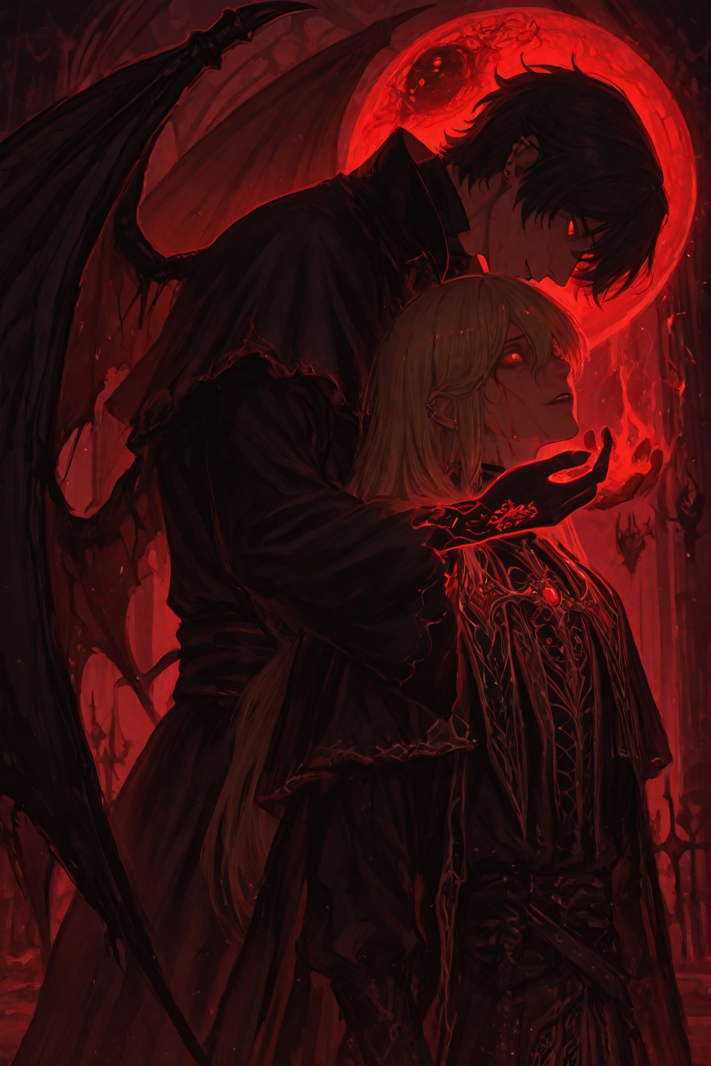 Create a scene where a lone 1 boy vampire stands regally as a princes,  his eyes glowing with an otherworldly light. His p...