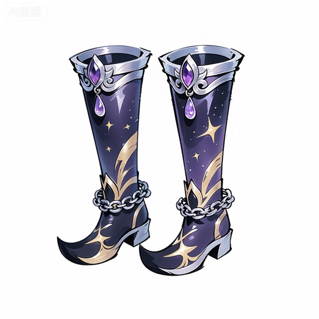 GFTB,
这是一双国风水墨风格的游戏灵魅及膝靴的数字绘图。靴子以深紫色为底色,宛如神秘的夜空,上面有着复杂的金色星芒图案,似夜空中闪烁的星辰。靴子顶部饰有泪滴形的紫色宝石,镶嵌在银色的漩涡框架中,散发着迷人的光彩。它们具有如金属般闪亮、坚硬的质感,带有锐利的光反射,采用尖头设计,增添了几分冷峻。靴子的小腿中部区域还有一条银色的链条缠绕,似神秘的枷锁。背景是纯白色的,似纯净的月光,突出靴子的独特。整体风格带有国风的神秘与奇幻的冷艳,轮廓大胆夸张,外观卡通化且富有个性。靴子并排直立在图像正中间。
















