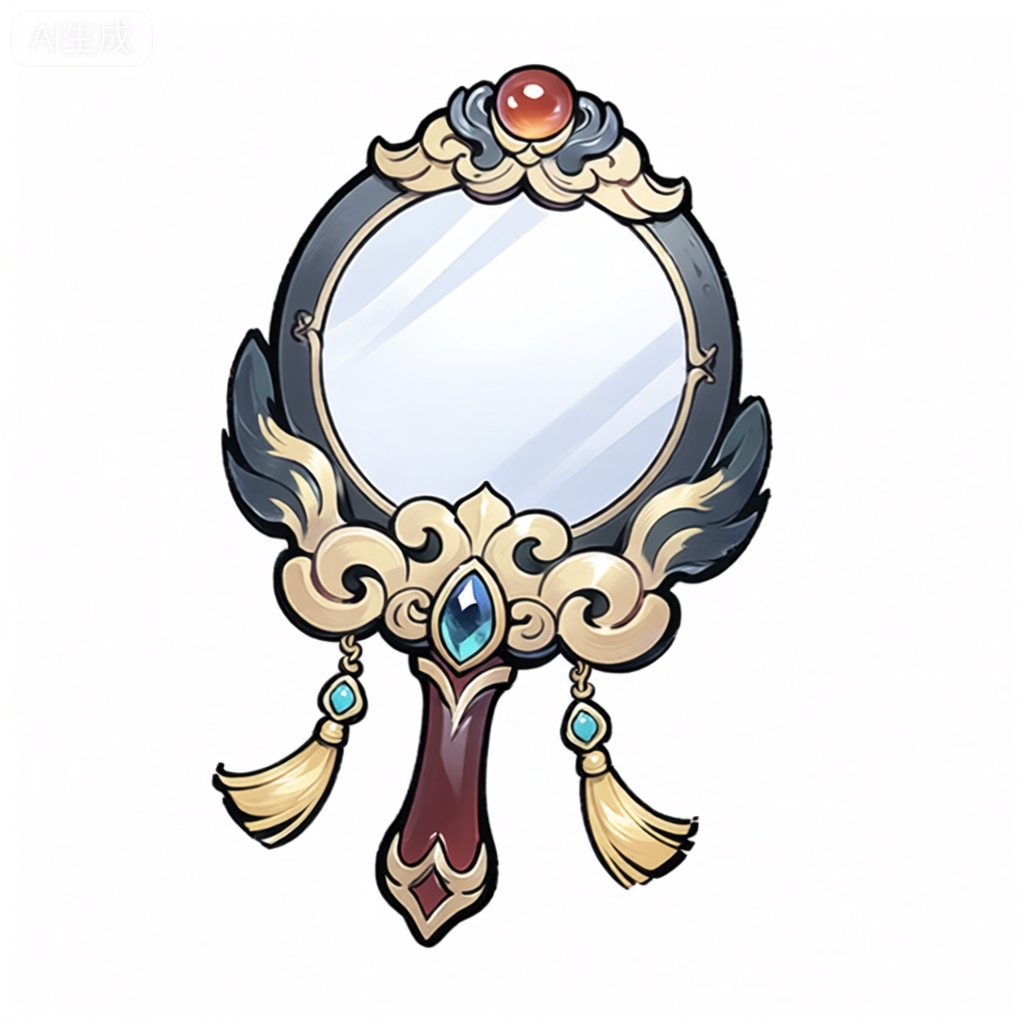GFTB,
这是一幅国风水墨风格的游戏灵韵手镜图标。这面镜子有着圆形的如镜湖般澄澈的银色镜面,周围环绕着精巧的墨色与金色交织的框架,框架上绘有灵动的云纹与花鸟图案,似有仙气萦绕。在框架的顶端,镶嵌着一颗圆润的朱红色玛瑙,宛如灵动的眼眸。手柄为深红色,似天边燃烧的云霞,上面装饰着金色的丝线流苏,流苏中心缀着一颗湛蓝的宝石,如深邃的夜空。背景是淡雅的浅灰色,似水墨氤氲,让手镜在其中脱颖而出。这种风格融合了国风的典雅与奇幻的神秘,略带卡通化的灵动,经过精心绘制完成。手镜位于图像正中央,手柄优雅地朝下。













