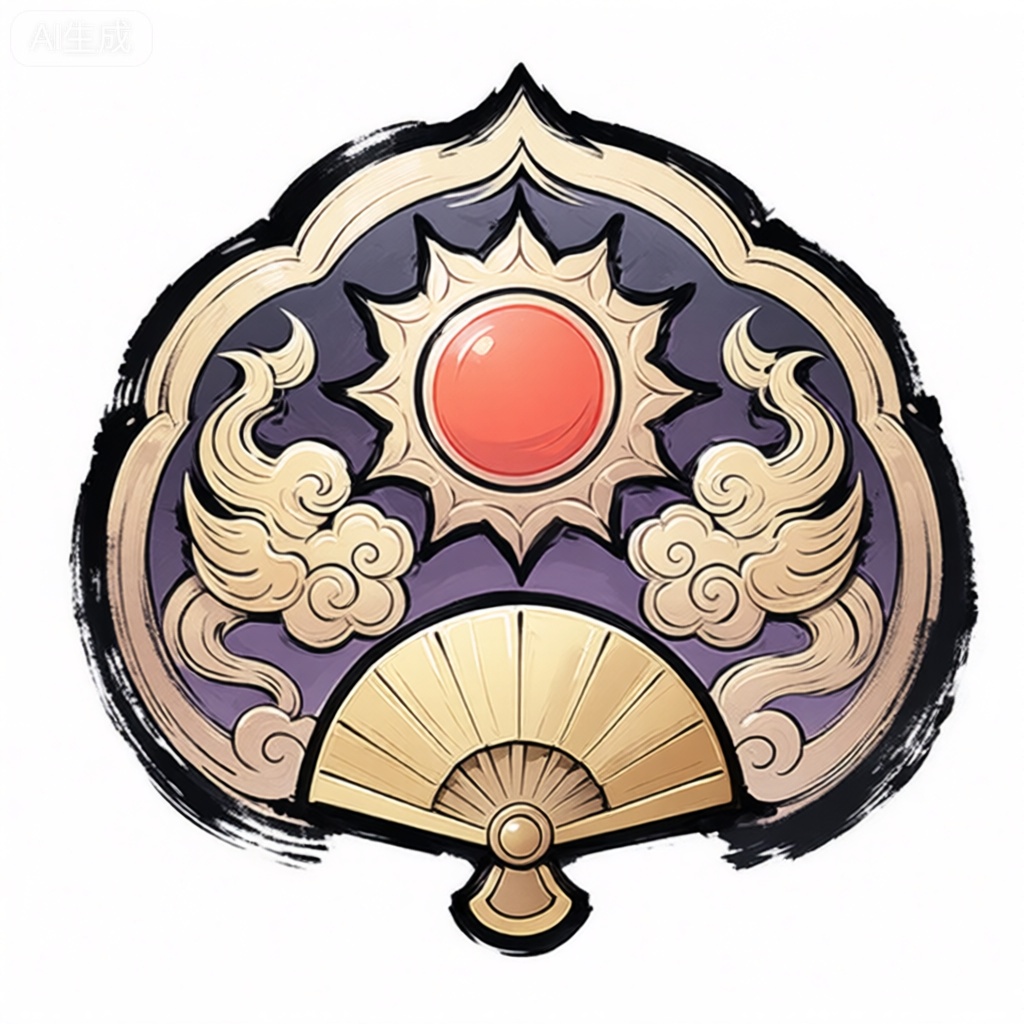 GFTB,
这是一幅国风水墨风格的游戏祥瑞扇徽数字插图。徽章的中心是红色圆形太阳形状,周围环绕着精致的、程式化的金色祥云和瑞兽图案,似在守护着光明。背景是深紫色,与金色和红色元素形成鲜明对比,增添了神秘的氛围。该设计的底部有一个半圆形的金色扇面,带有细腻的扇骨纹路,类似于传统的团扇样式。整个标志采用黑色墨线勾勒轮廓,给人一种古朴、庄重的感觉。这种风格让人想起国风传统艺术,具有流畅、自然的形状和丰富、华丽的色彩搭配。背景为纯白色,凸显出徽章的细节设计。























