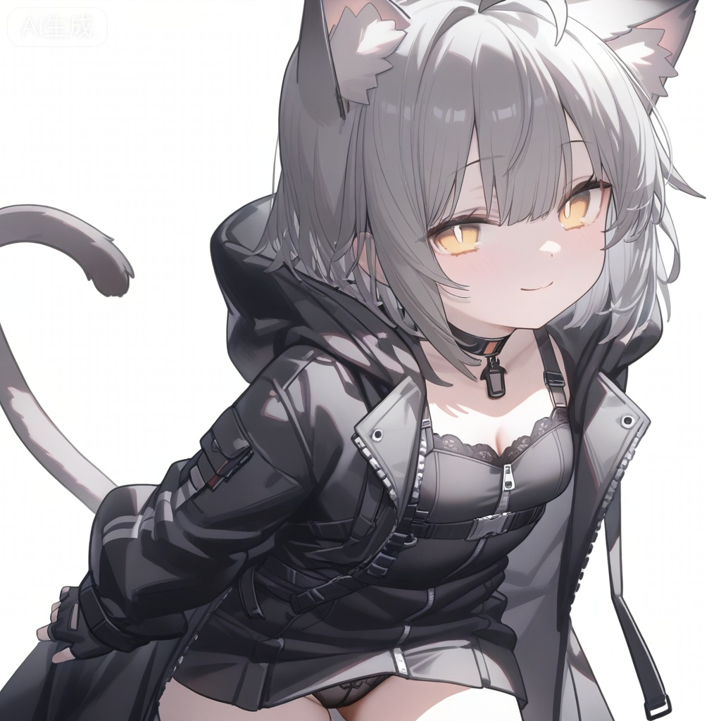 (masterpiece,best quality),cool,
loli,solo,
dynamic posture,smile,looking at viewer,
gray cat ears,gray cat tail,medium breasts,animal_ear_fluff,gray short hair,yellow eyes,bangs,ahoge,
black techwear dress,black hooded jacket,open coat,strappy black top,lolita,lace,mini dress,
multiple buckles,straps,zippers on clothing,no decorations choker,fingerless gloves,black panties,black underwear,
(white background,simple background),maomao 