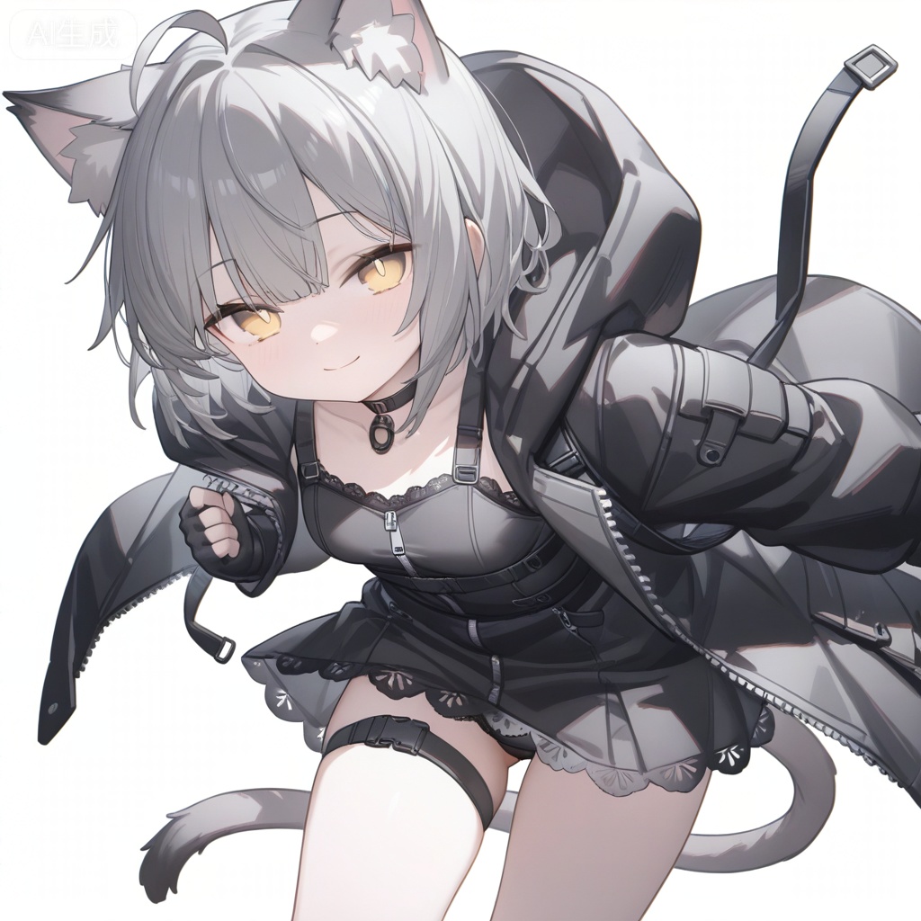 (masterpiece,best quality),cool,
loli,solo,
dynamic posture,smile,looking at viewer,
gray cat ears,gray cat tail,medium breasts,animal_ear_fluff,gray short hair,yellow eyes,bangs,ahoge,
black techwear dress,black hooded jacket,open coat,strappy black top,lolita,lace,mini dress,
multiple buckles,straps,zippers on clothing,no decorations choker,fingerless gloves,black panties,black underwear,
(white background,simple background),maomao 