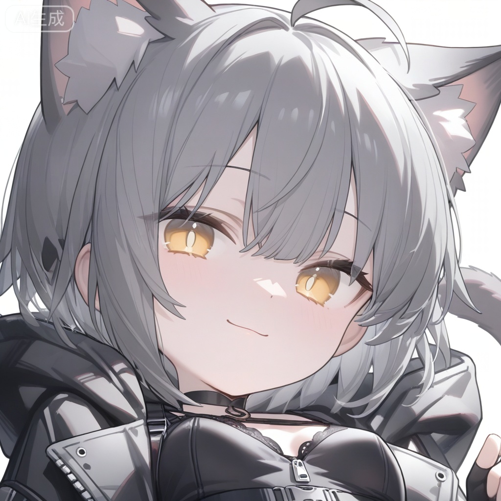 (masterpiece,best quality),cool,close up,
loli,solo,
dynamic posture,smile,looking at viewer,
gray cat ears,gray cat tail,medium breasts,animal_ear_fluff,gray short hair,yellow eyes,bangs,ahoge,
black techwear dress,black hooded jacket,open coat,strappy black top,lolita,lace,mini dress,
multiple buckles,straps,zippers on clothing,no decorations choker,fingerless gloves,black panties,black underwear,
(white background,simple background),maomao 